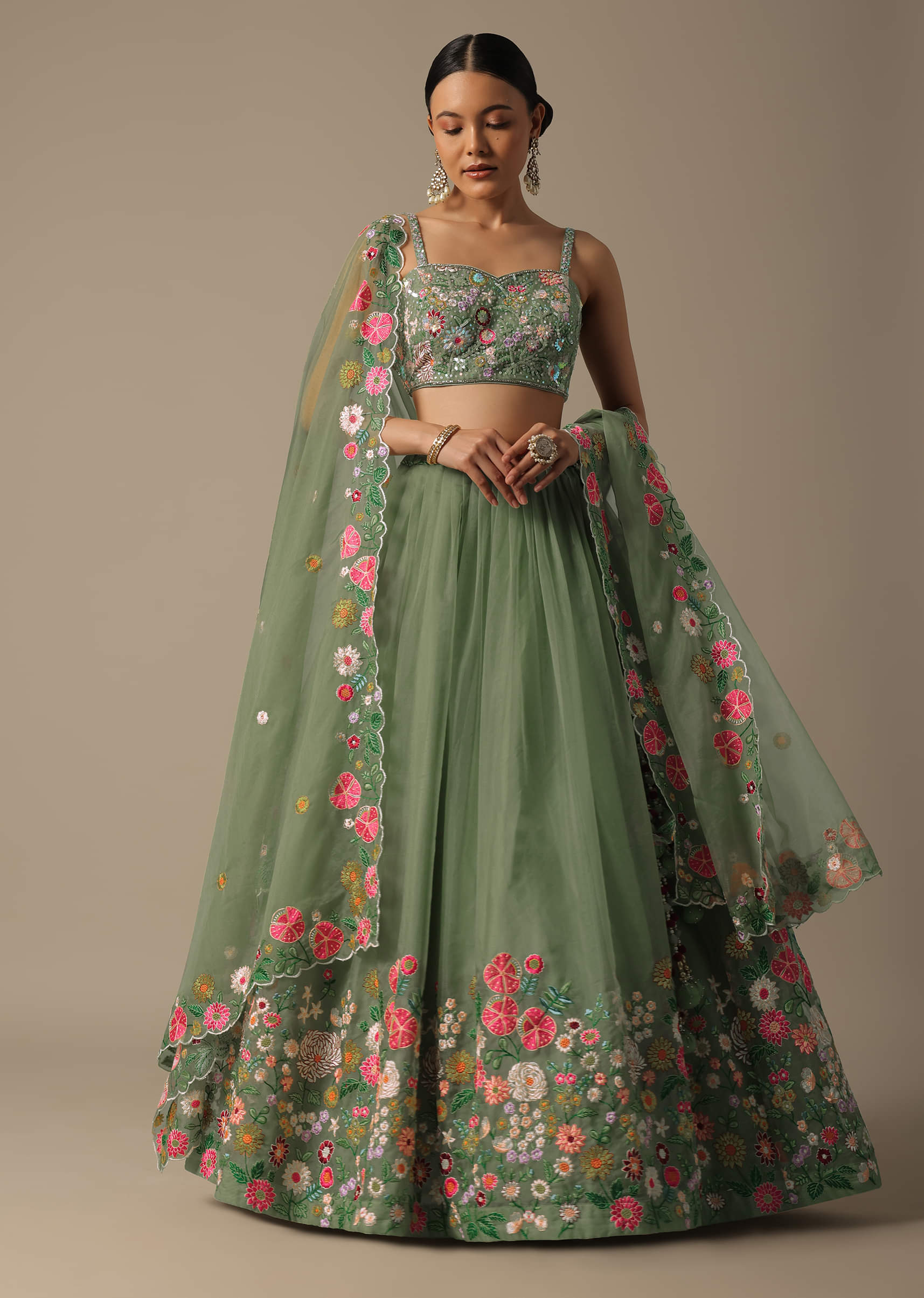 Green Organza Embroidered Lehenga Set With Floral Motifs - Image 6