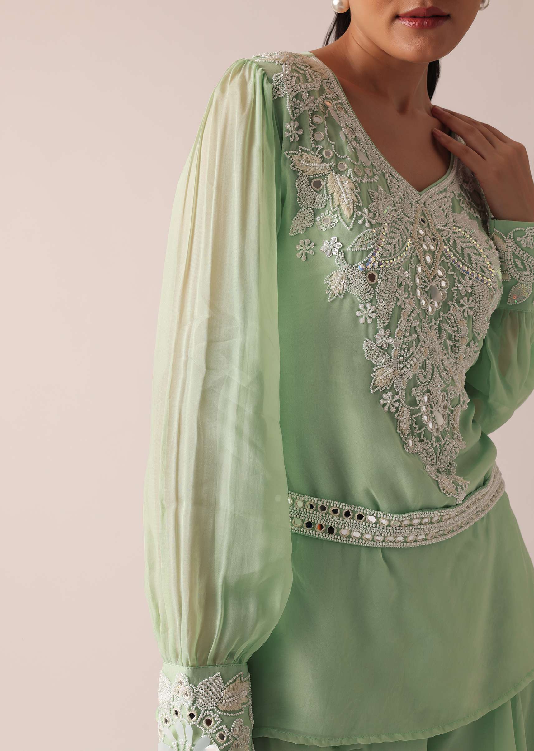 Green Organza Kurta And Palazzo Set With Embroidery And Belt - Image 2