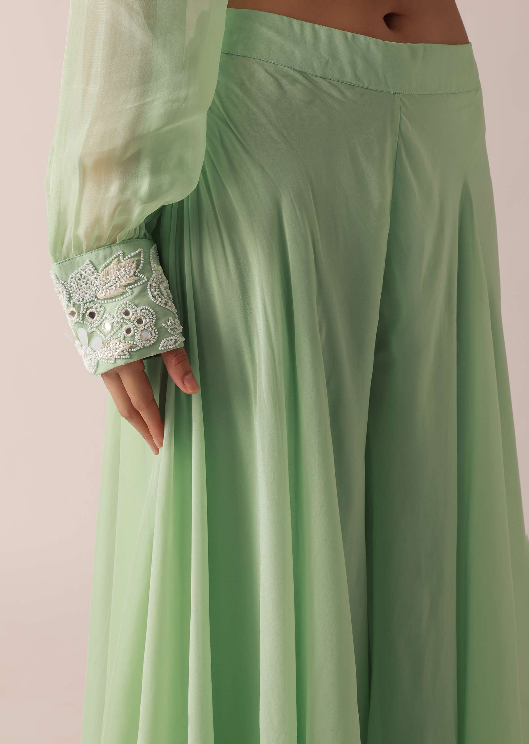Green Organza Kurta And Palazzo Set With Embroidery And Belt - Image 6