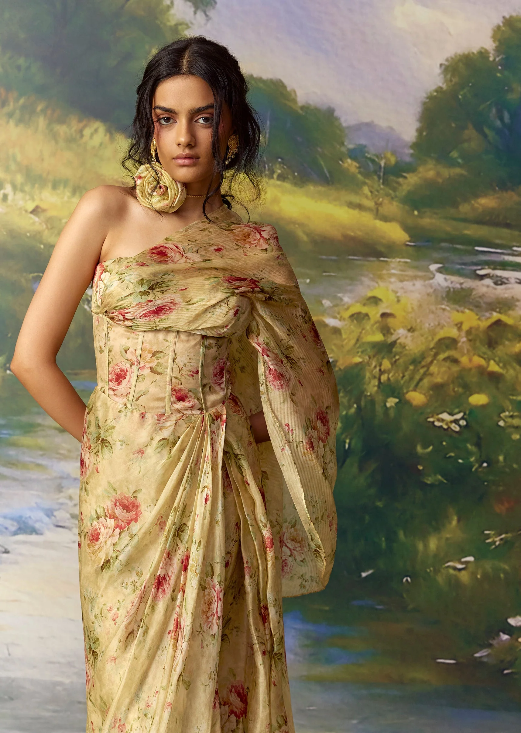 Green Organza Printed Draped Corset Saree - Image 5