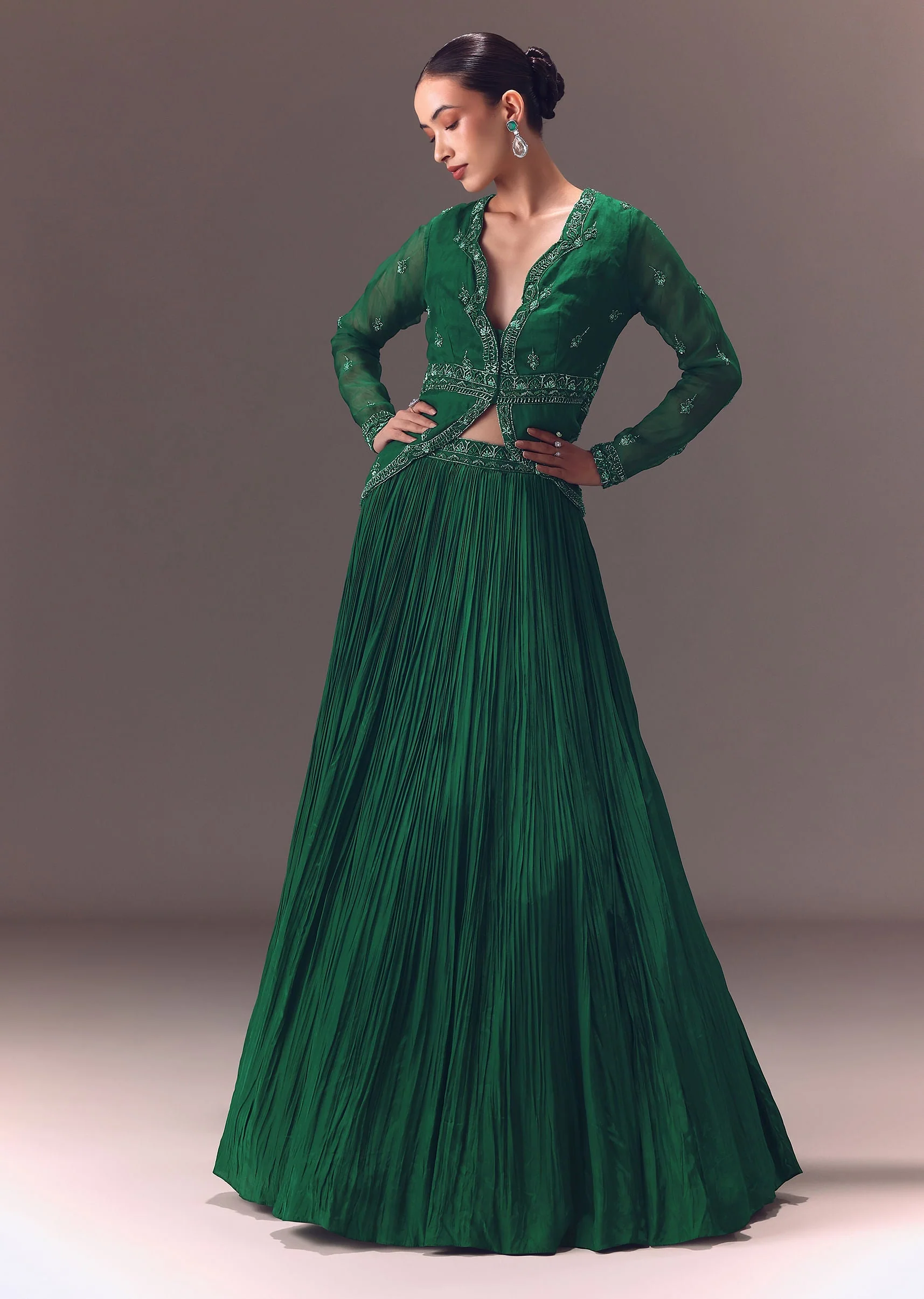 Green Organza Ruched Lehenga With Hand Embellished Jacket - Image 2