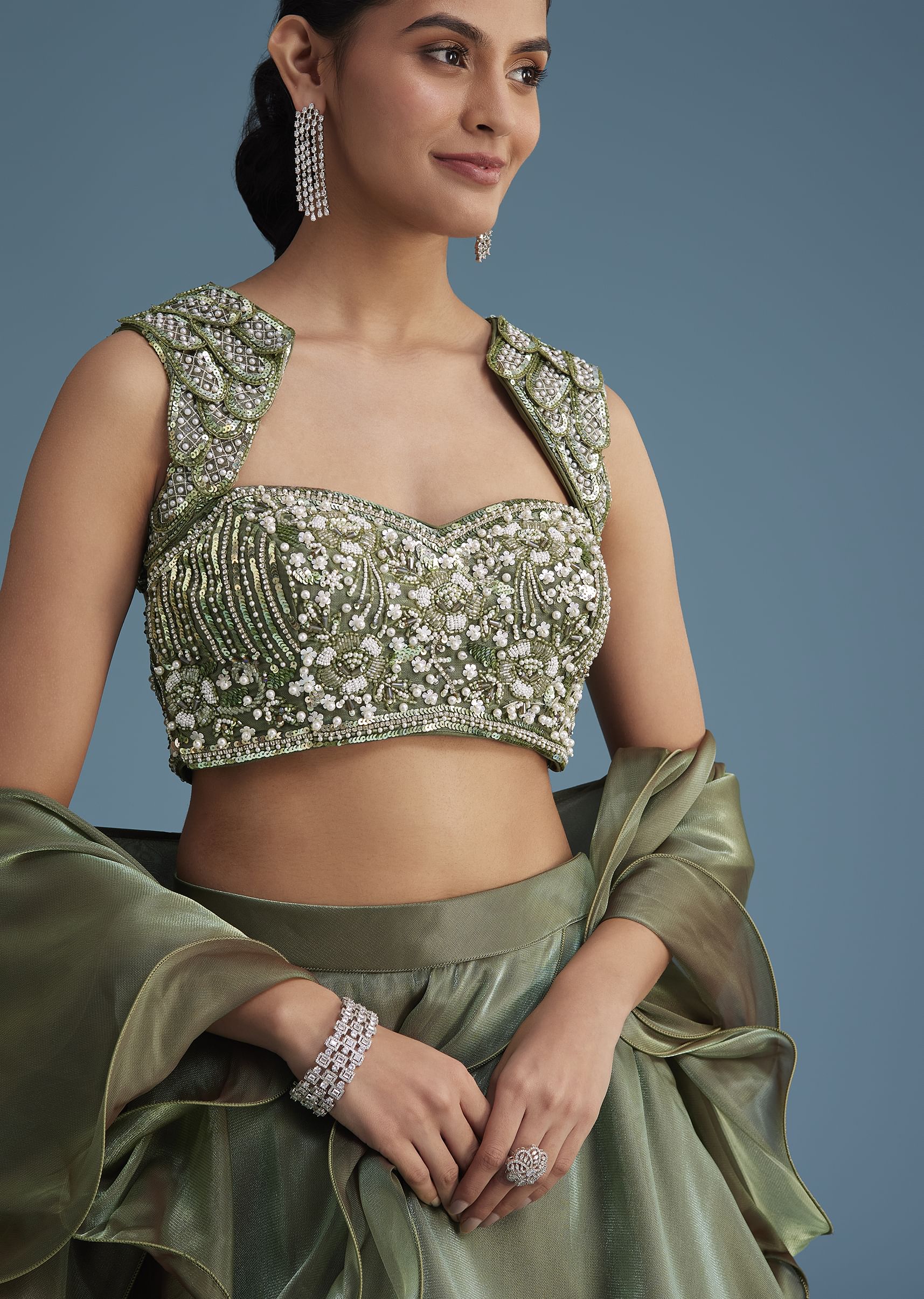 Green Organza Ruffle Lehenga Set With Embellished Blouse - Image 2