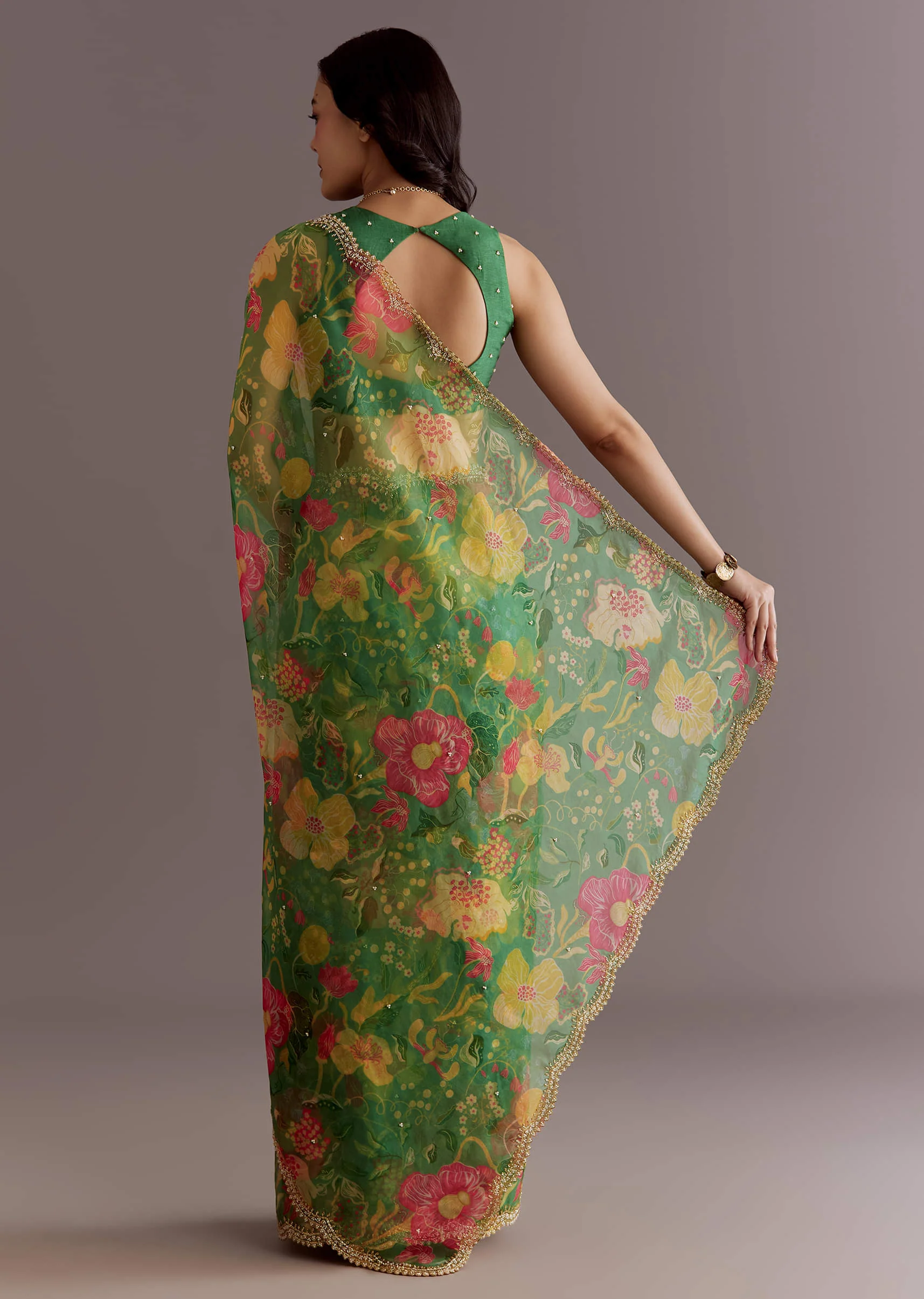 Green Organza Saree With Floral Print And Embellished Border - Image 6