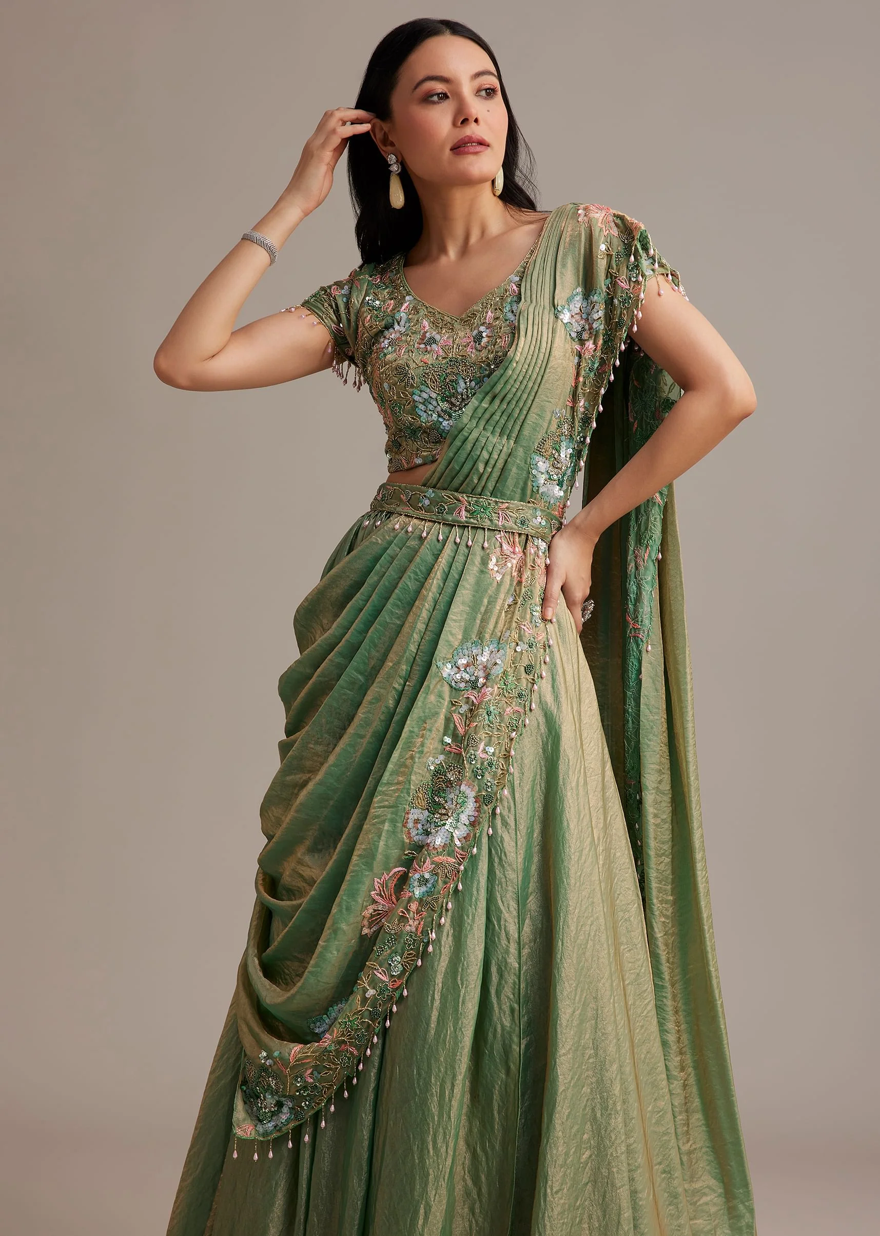 Green Organza Tissue Lehenga Set With Sequins And Bead Work - Image 2