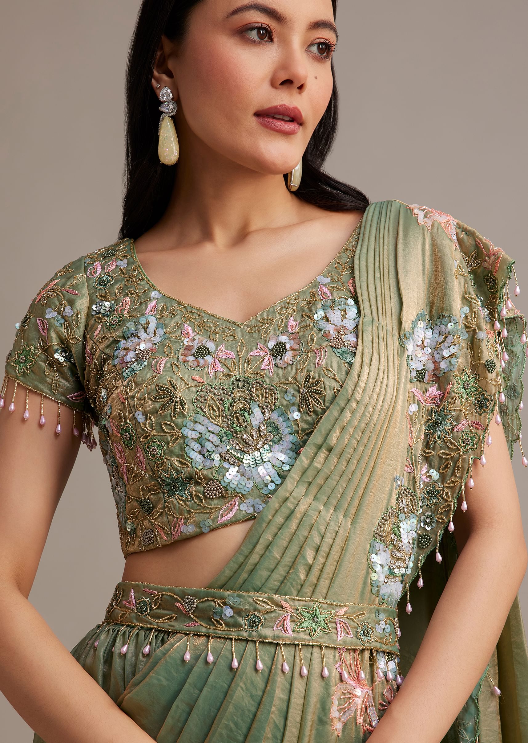 Green Organza Tissue Lehenga Set With Sequins And Bead Work - Image 4