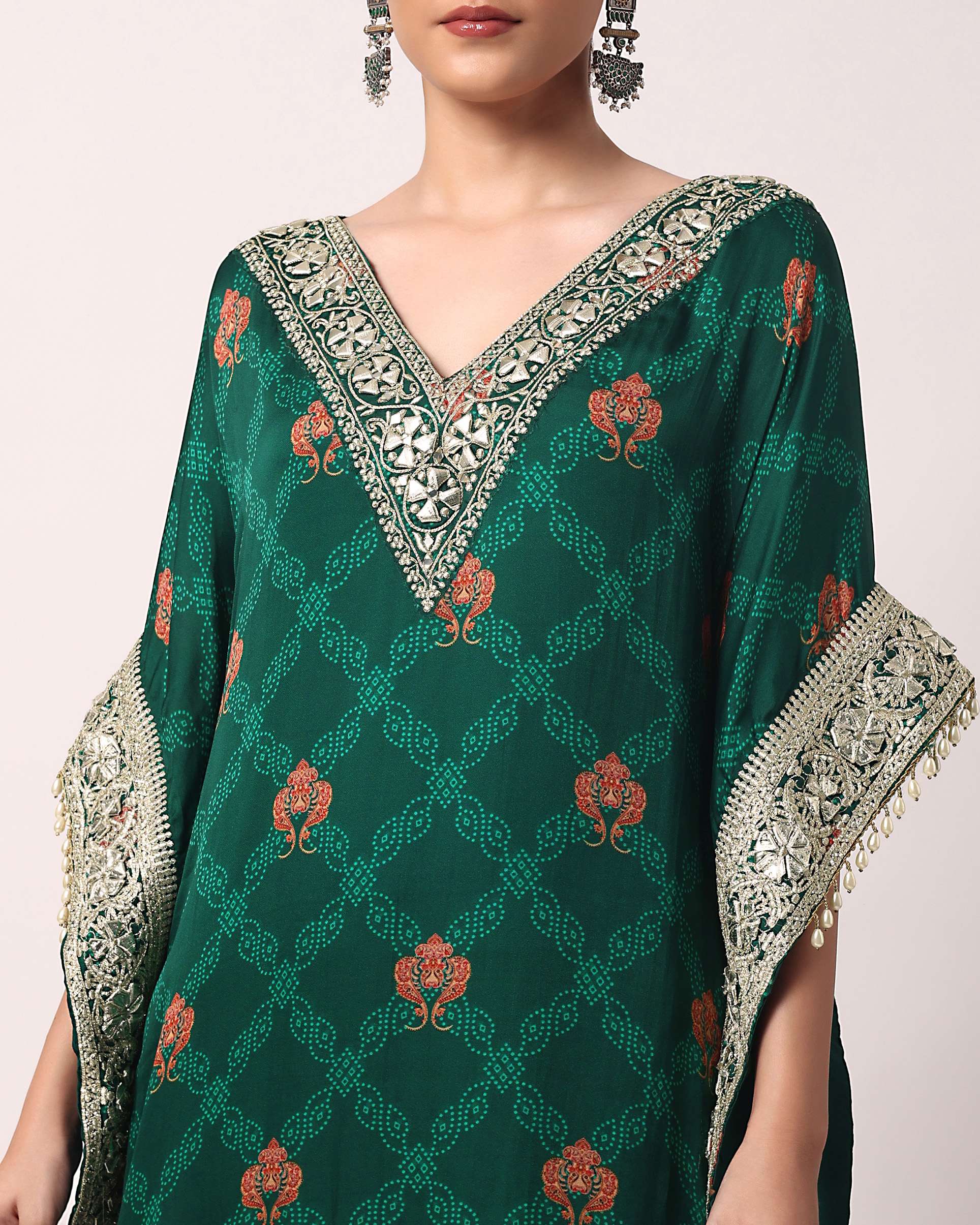 Green Pant Set With Gota Embroidered Kaftan Kurta - Image 11
