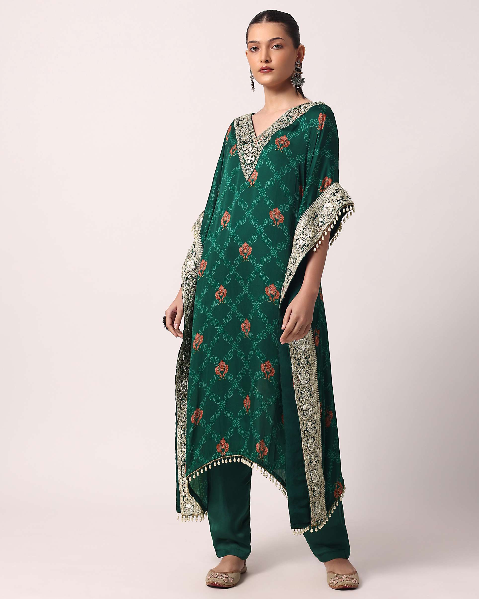 Green Pant Set With Gota Embroidered Kaftan Kurta - Image 12