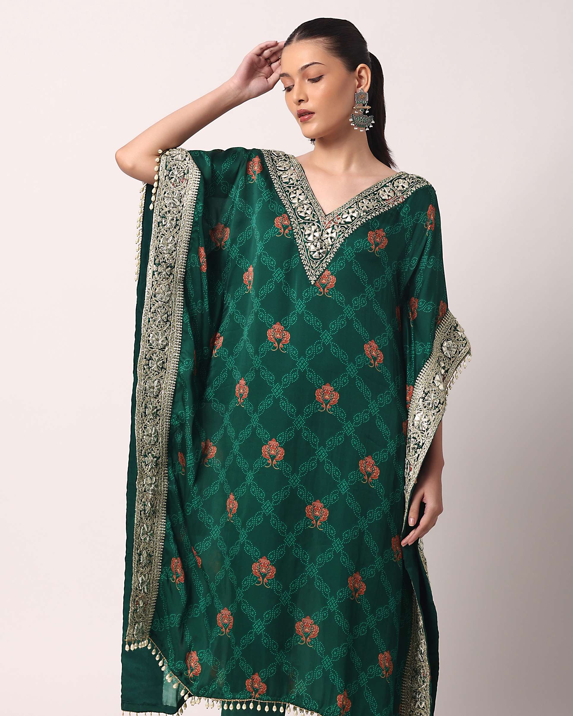 Green Pant Set With Gota Embroidered Kaftan Kurta - Image 13