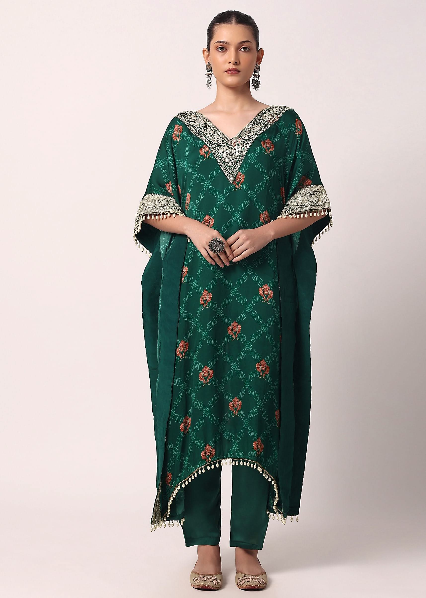 Green Pant Set With Gota Embroidered Kaftan Kurta - Image 2