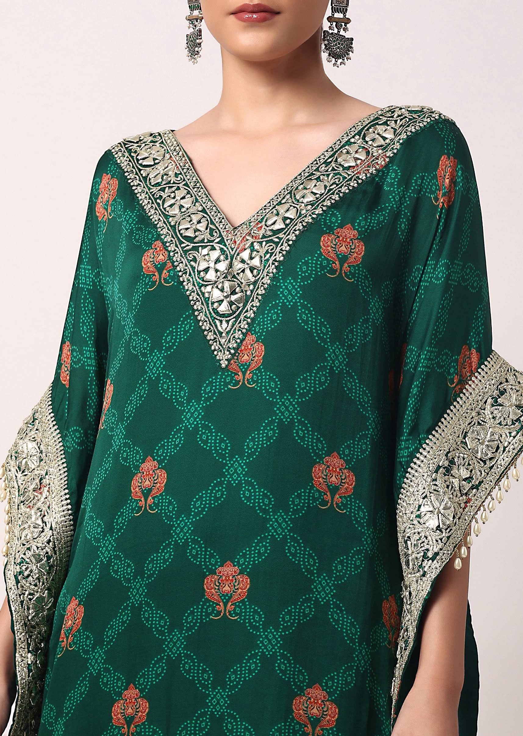 Green Pant Set With Gota Embroidered Kaftan Kurta - Image 4