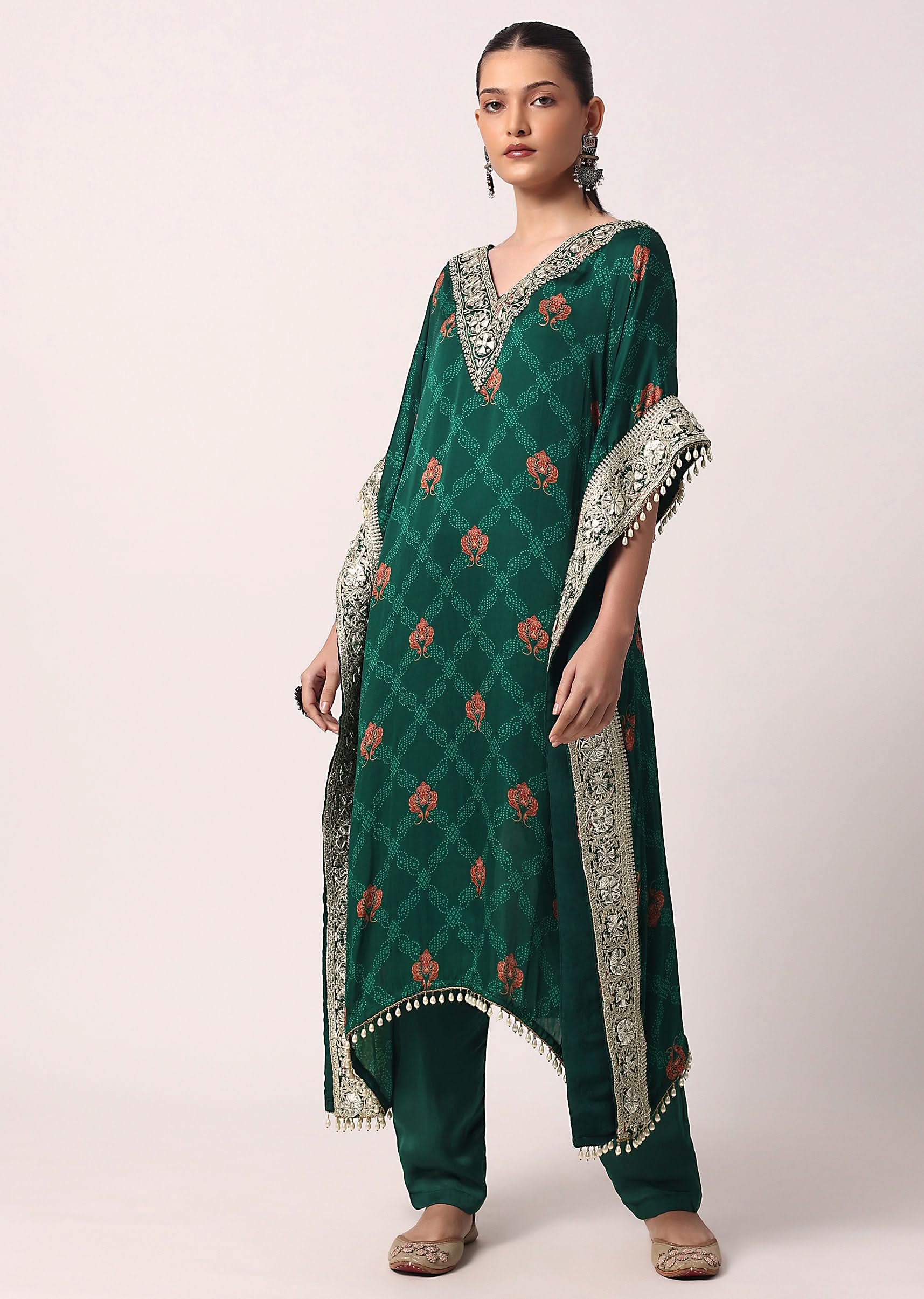 Green Pant Set With Gota Embroidered Kaftan Kurta - Image 5