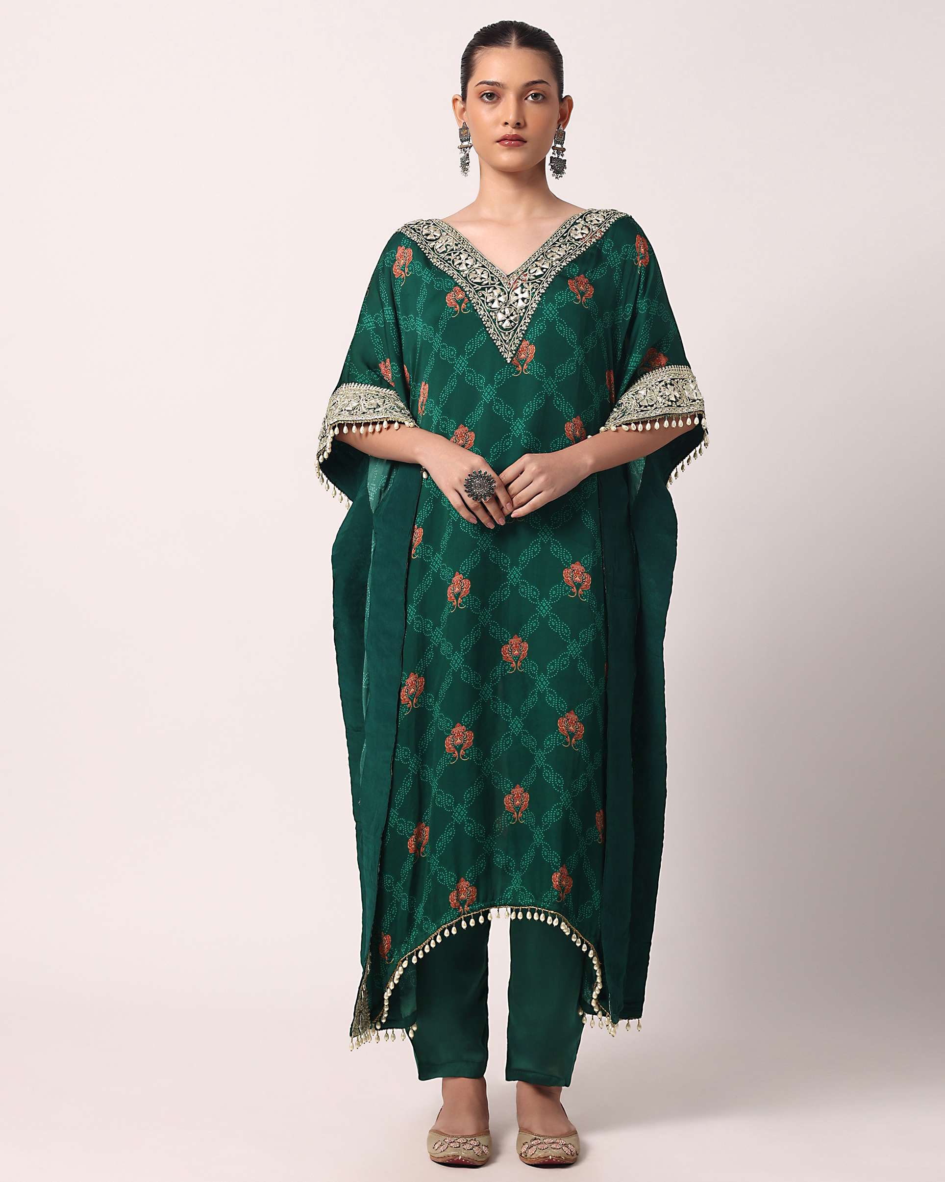 Green Pant Set With Gota Embroidered Kaftan Kurta - Image 9