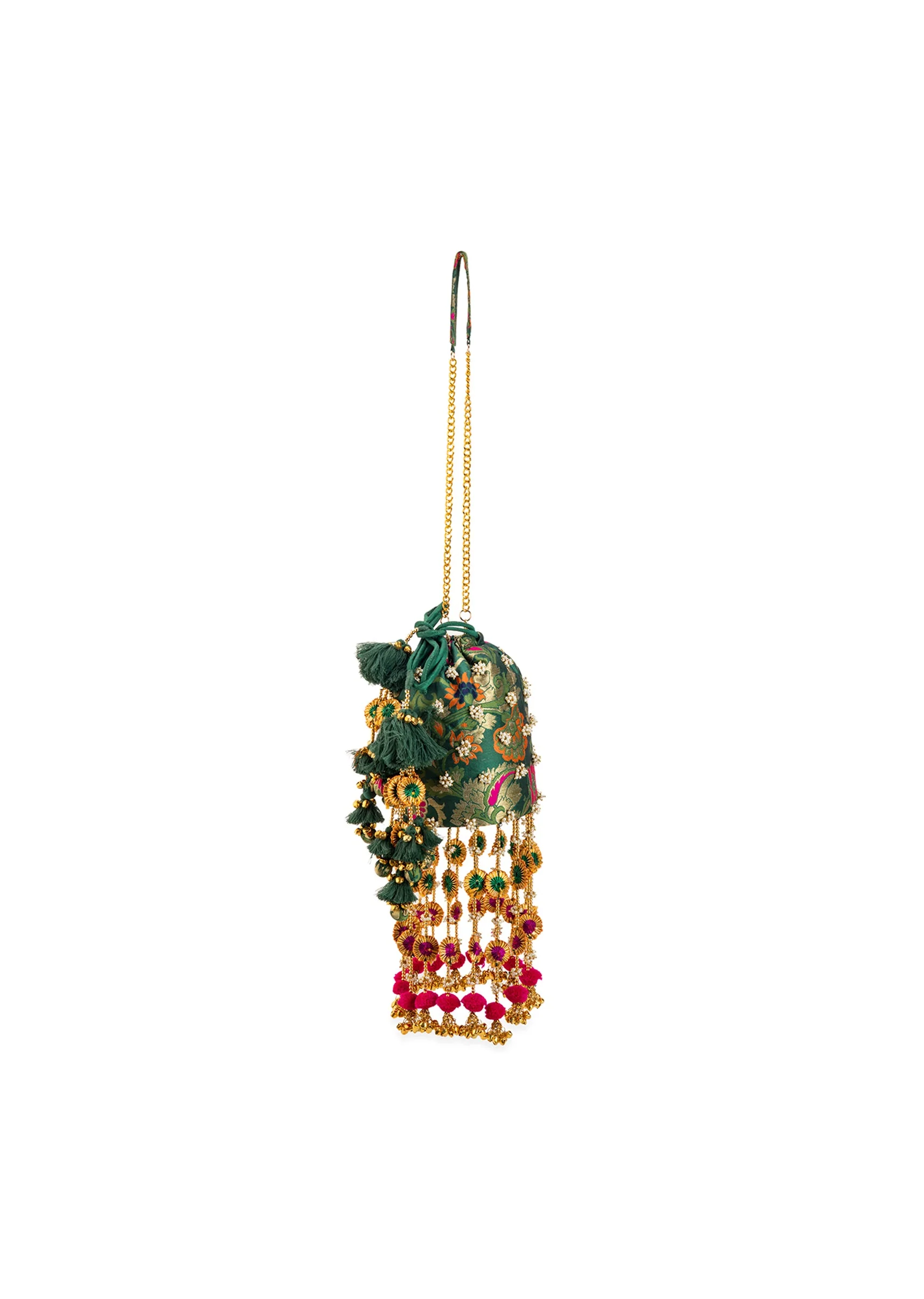 Green Pearl Embellished Pom Pom Tassel Bag - Image 3
