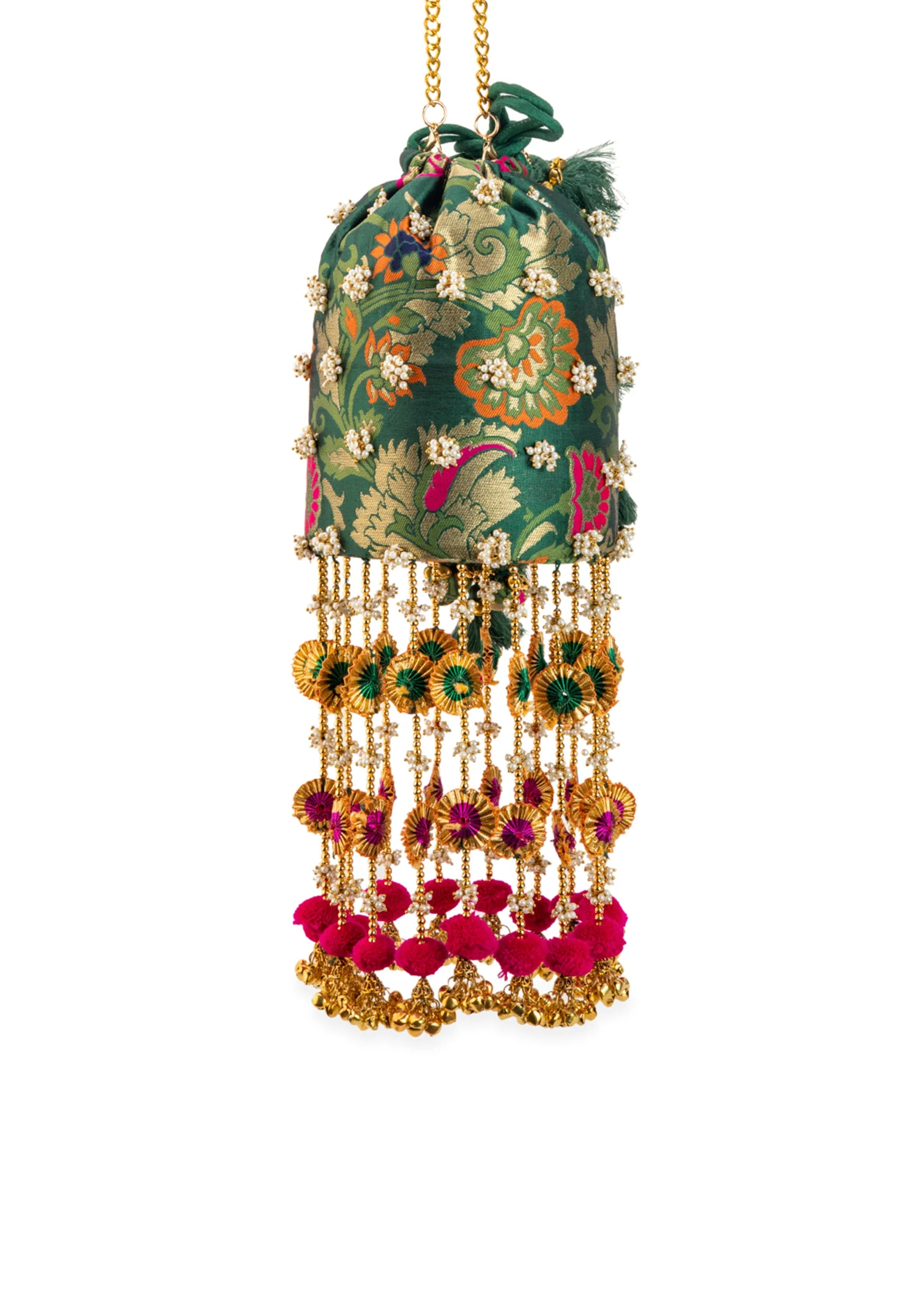 Green Pearl Embellished Pom Pom Tassel Bag - Image 4