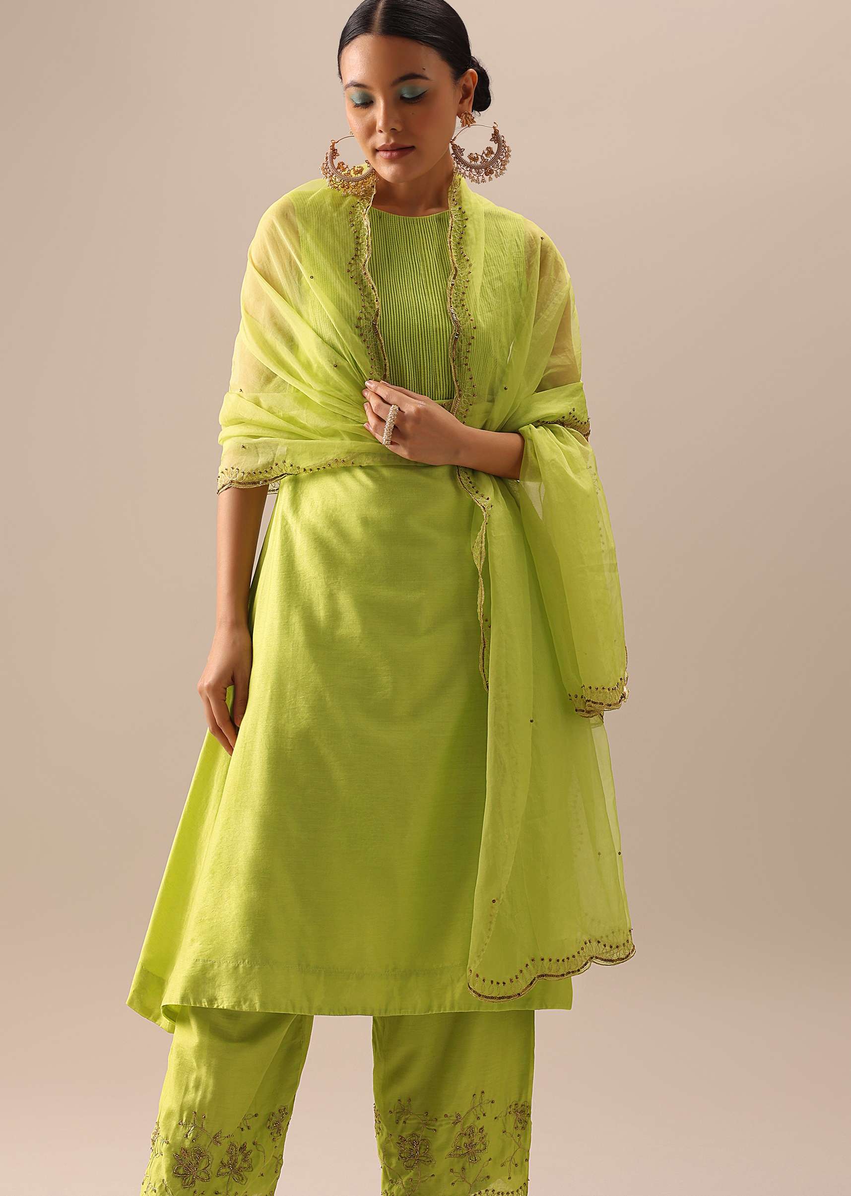 Green Pintuck Anarkali Set with Organza Dupatta - Image 12