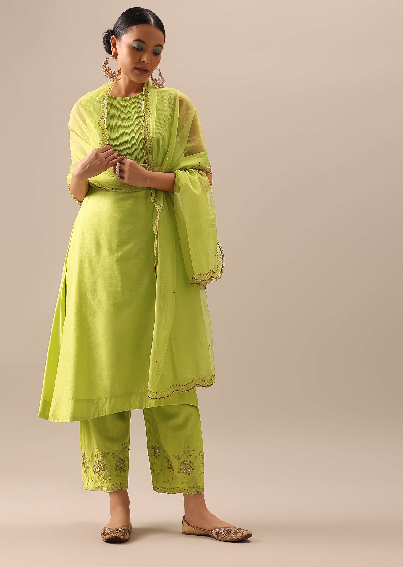 Green Pintuck Anarkali Set with Organza Dupatta - Image 13