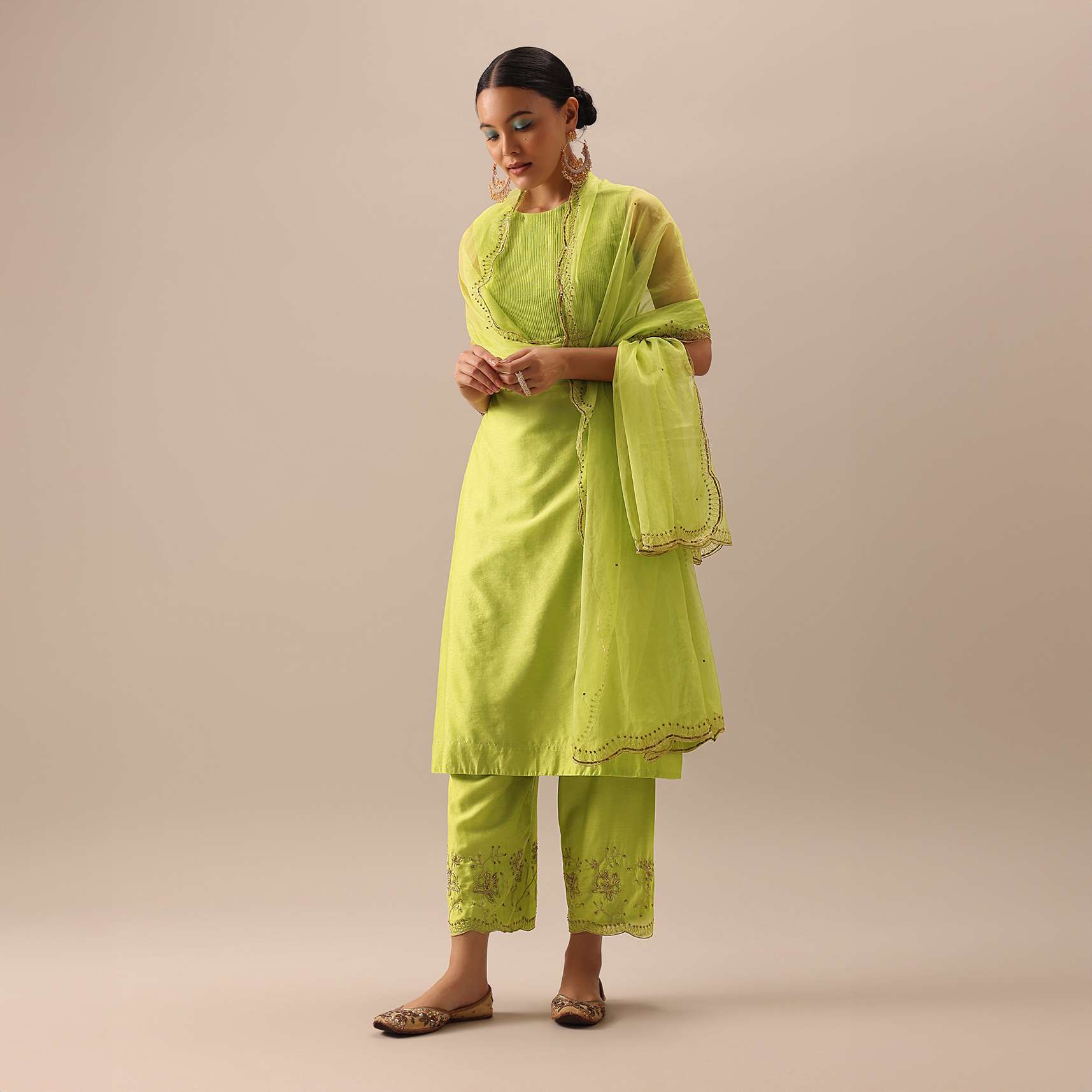 Green Pintuck Anarkali Set with Organza Dupatta - Image 3