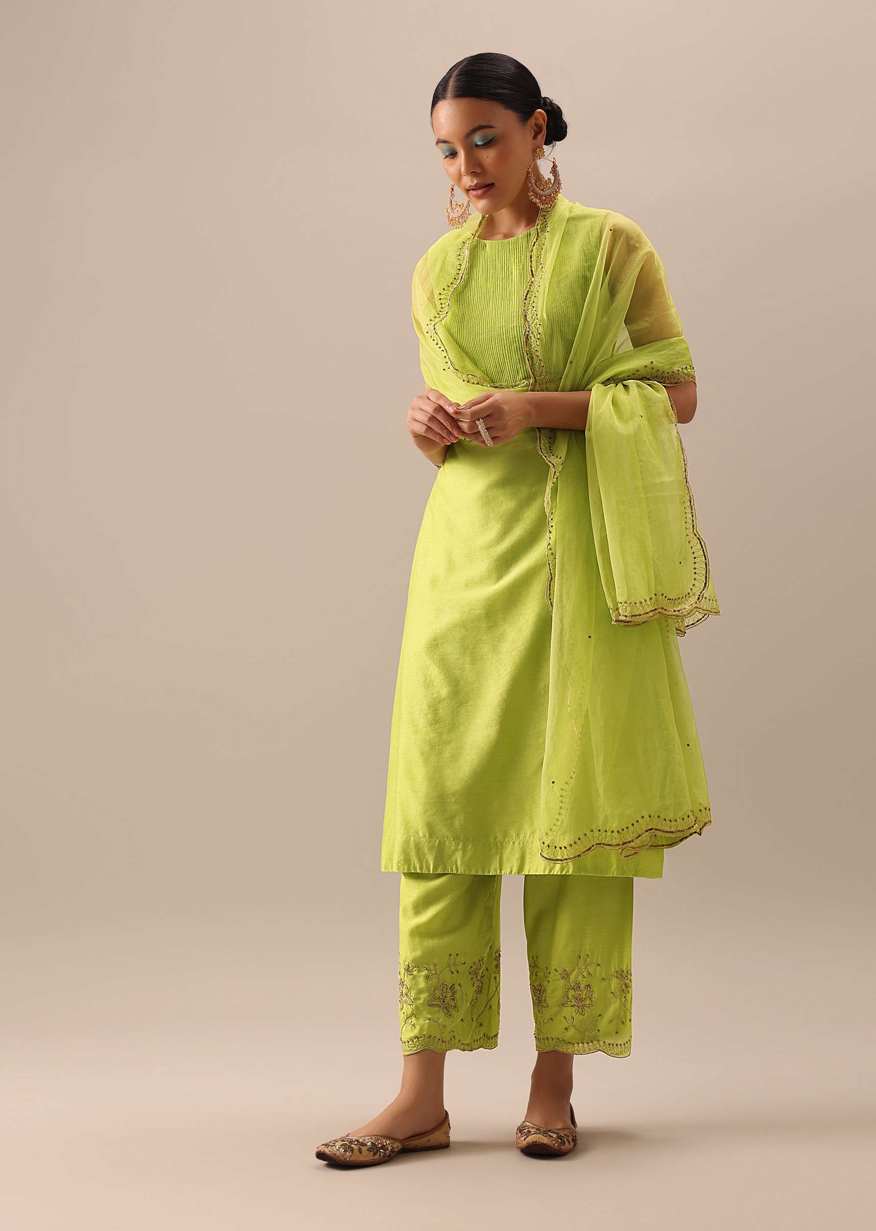 Green Pintuck Anarkali Set with Organza Dupatta - Image 4
