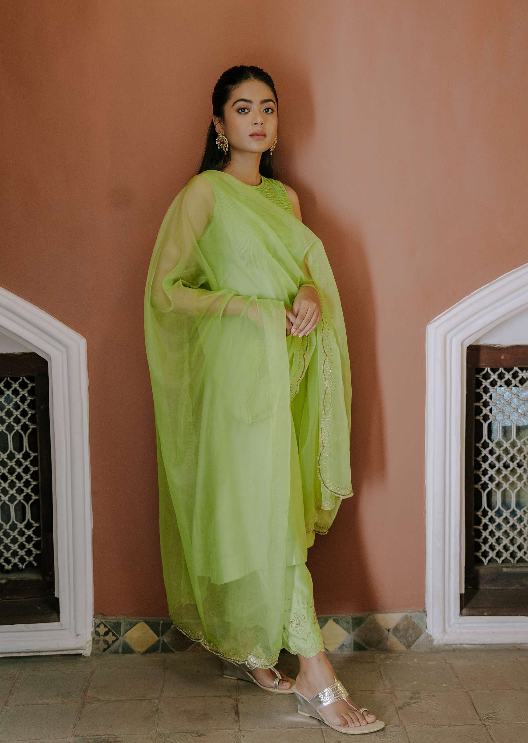 Green Pintuck Anarkali Set with Organza Dupatta - Image 5