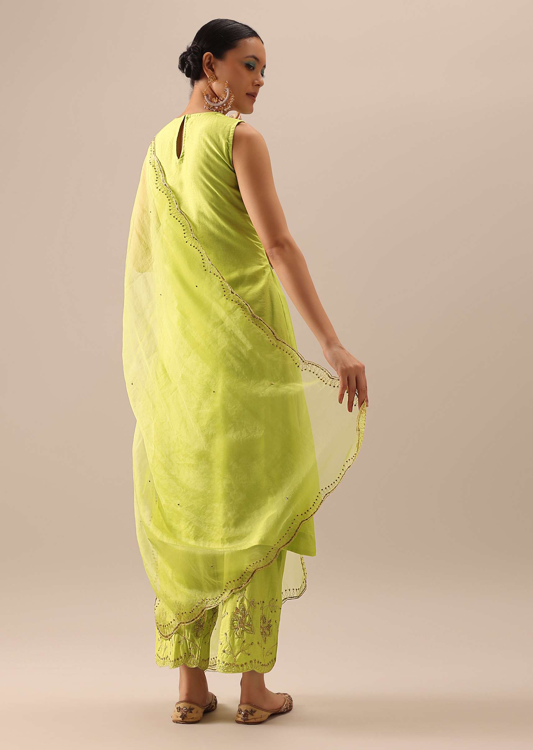 Green Pintuck Anarkali Set with Organza Dupatta - Image 7