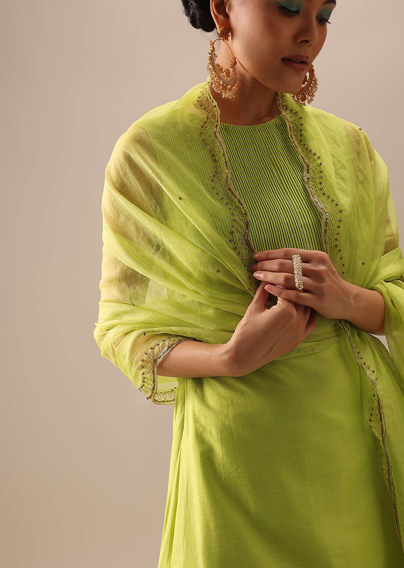 Green Pintuck Anarkali Set with Organza Dupatta - Image 9