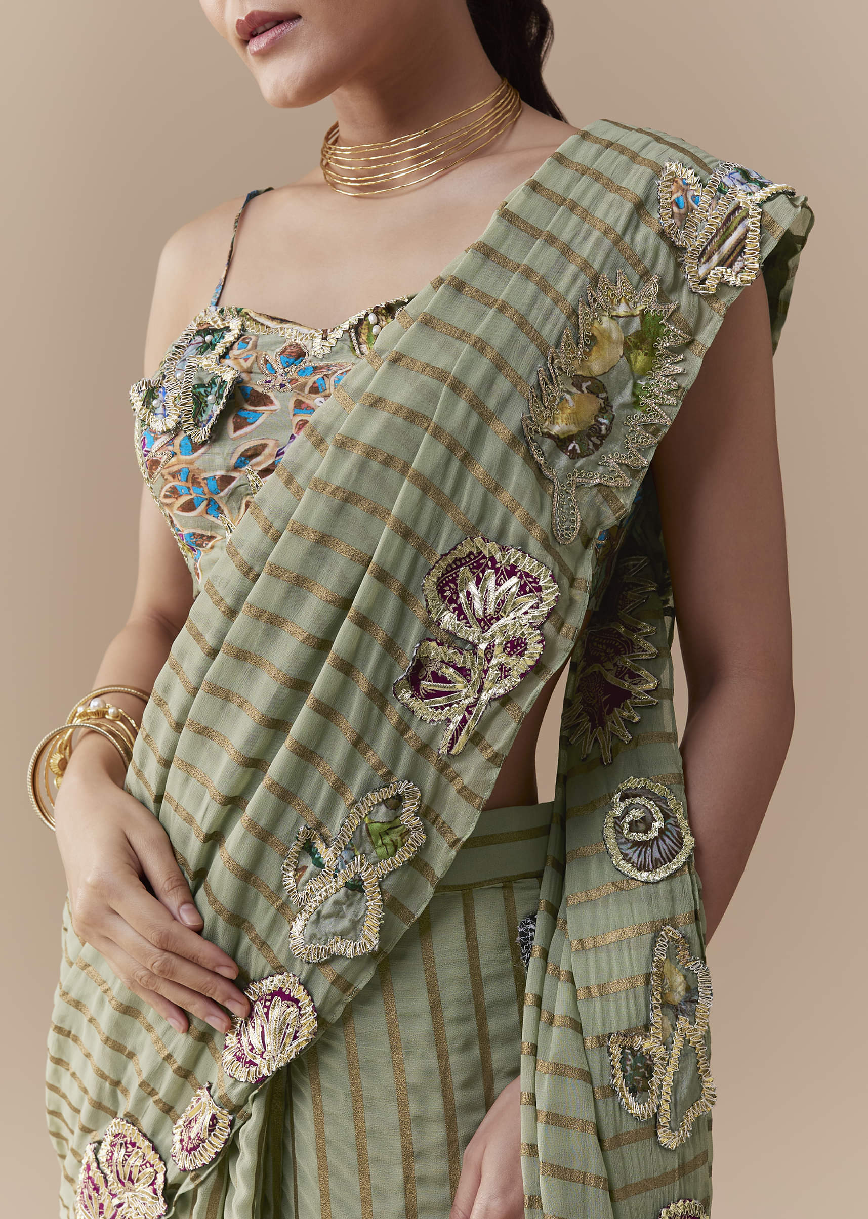 Green Pre Pleated Printed Saree with Gota Blouse - Image 2