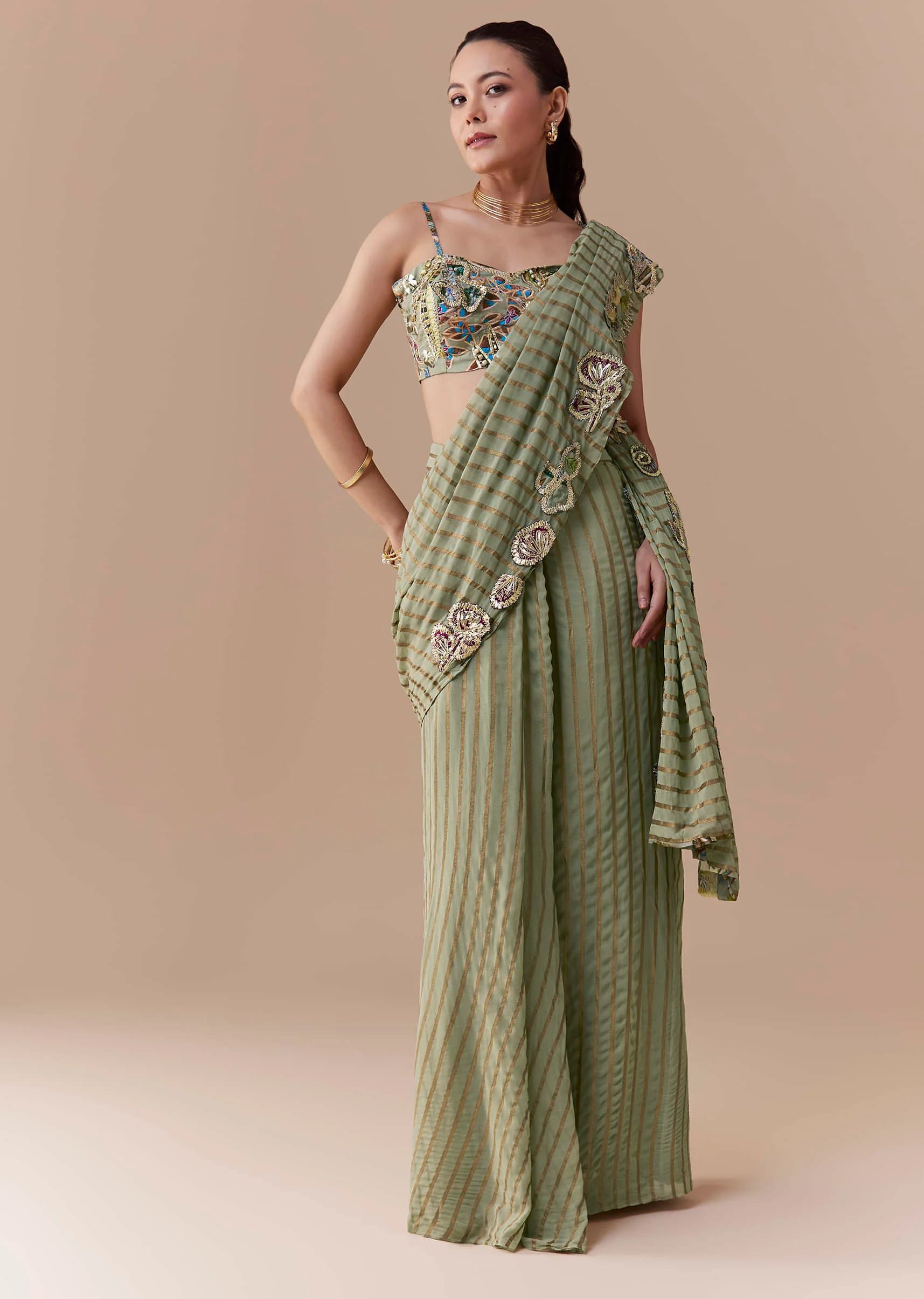 Green Pre Pleated Printed Saree with Gota Blouse - Image 3