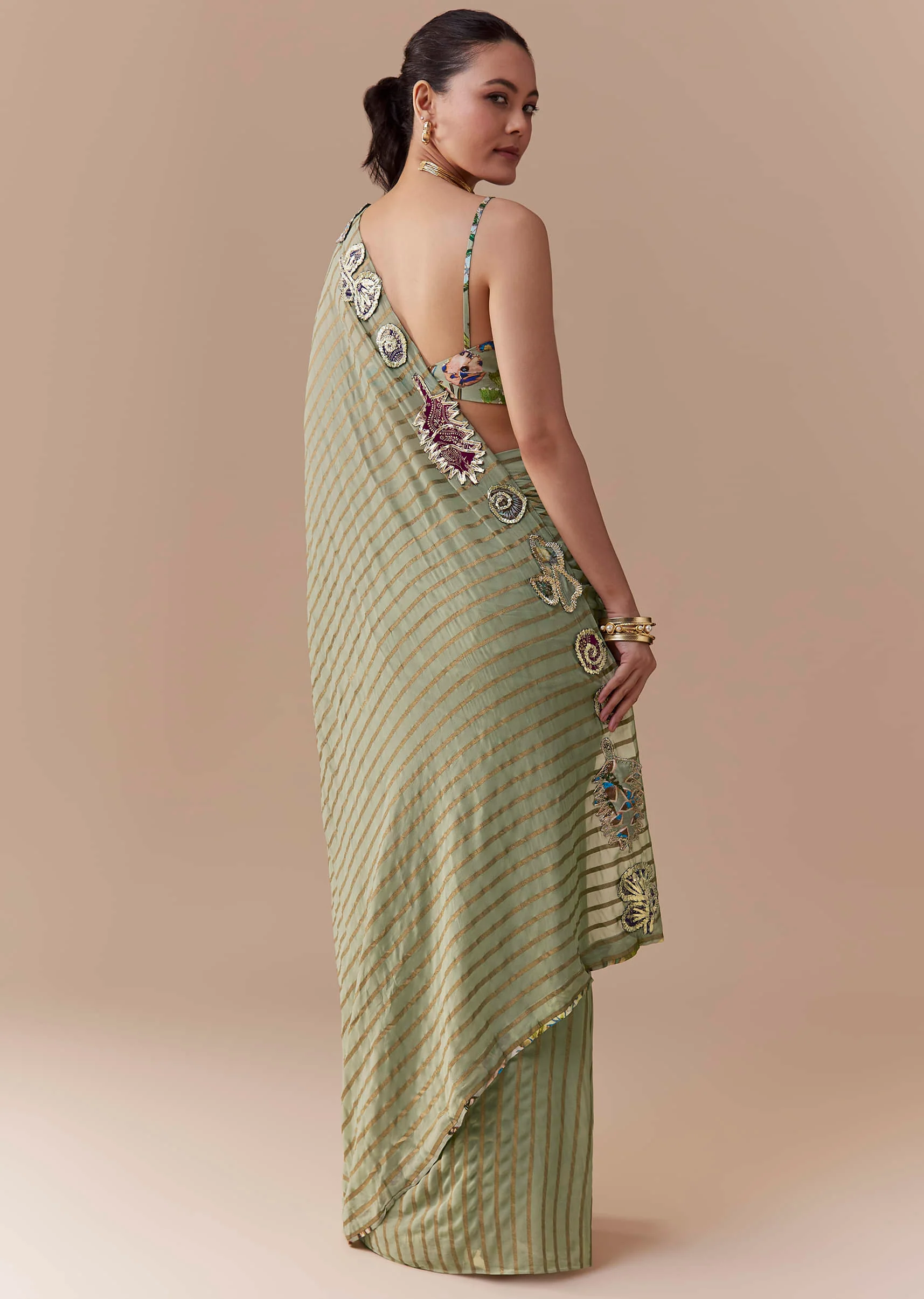 Green Pre Pleated Printed Saree with Gota Blouse - Image 5