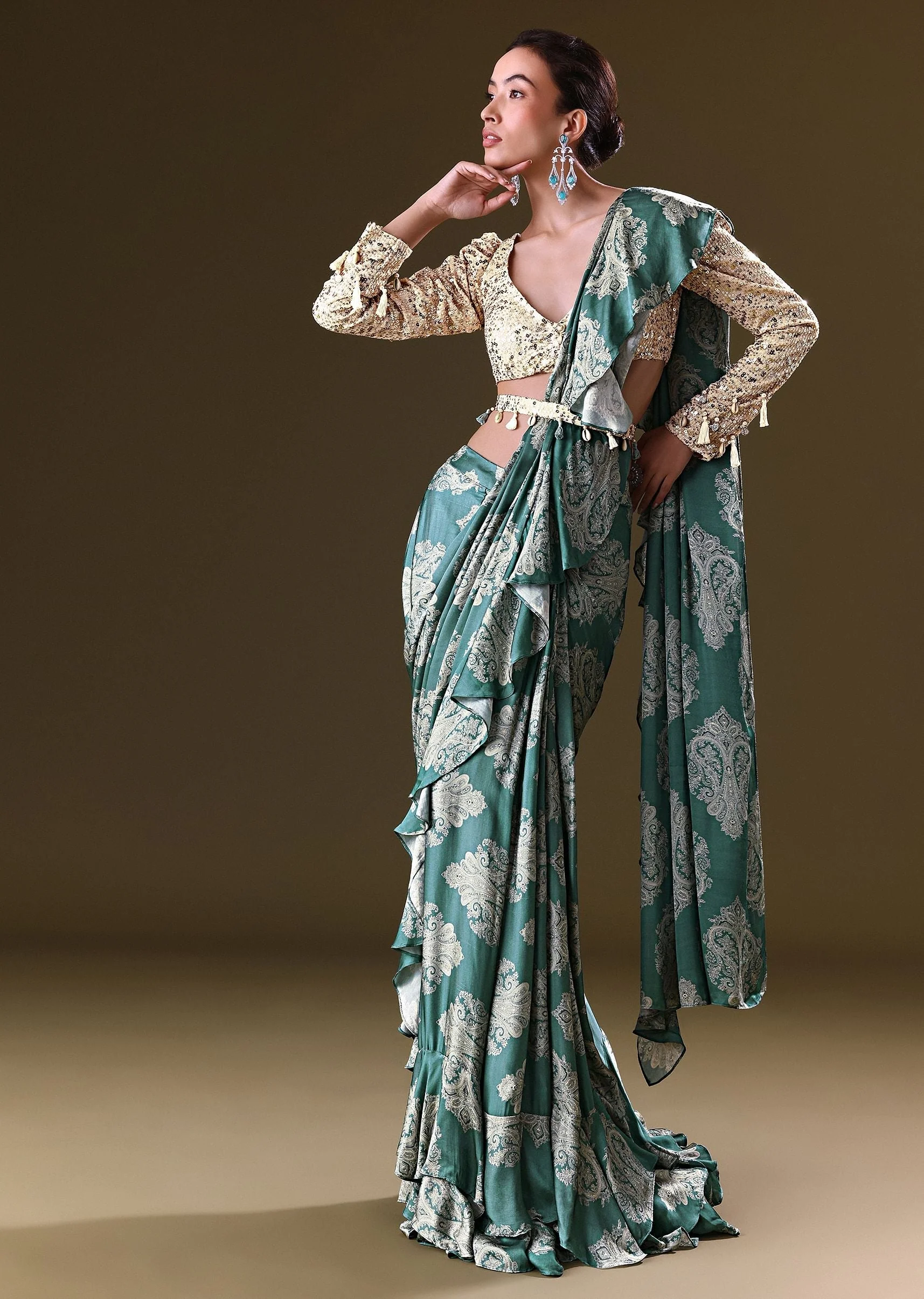 Green Pre Stitched Frill Saree With Backless Dori Blouse - Image 2