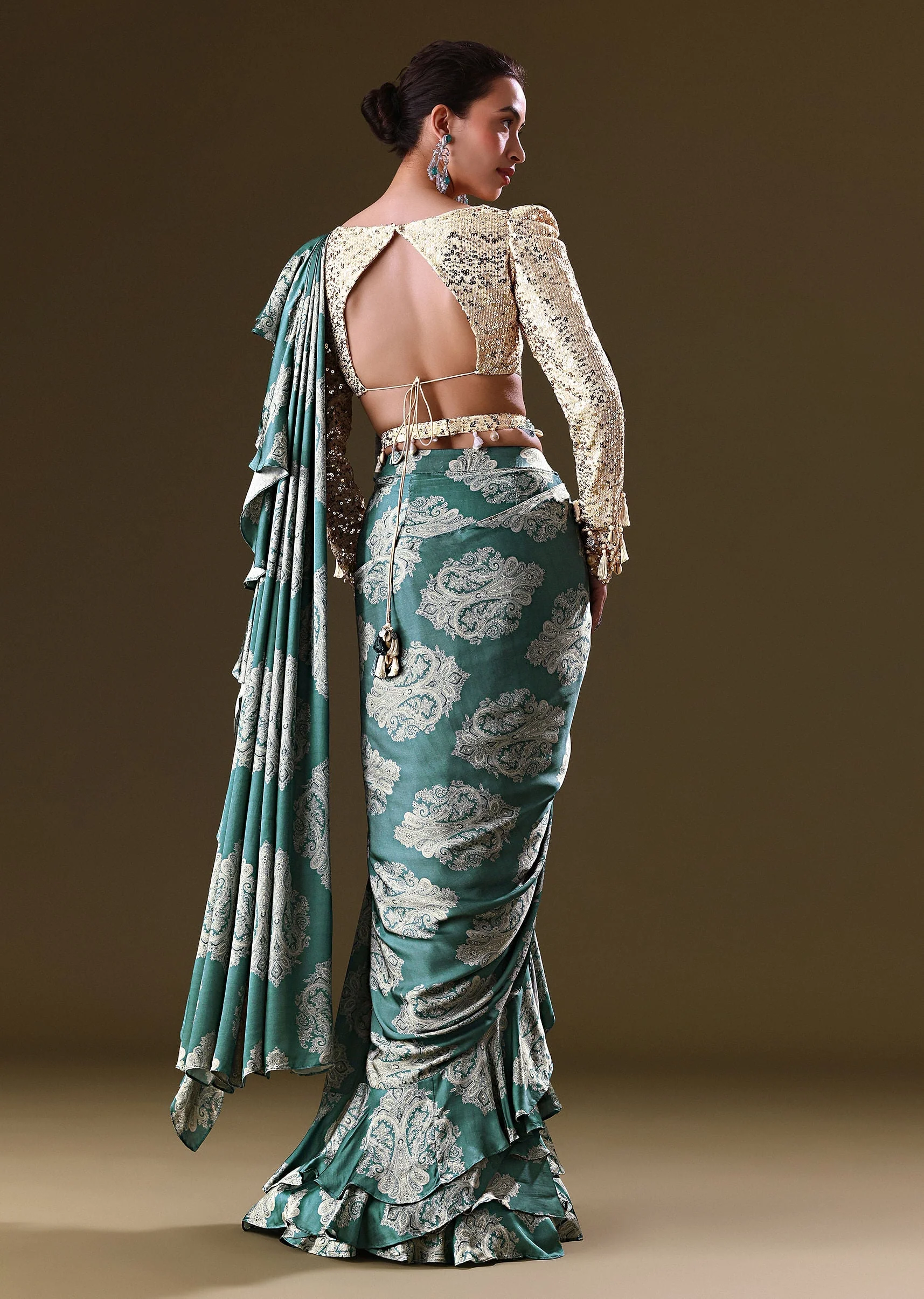 Green Pre Stitched Frill Saree With Backless Dori Blouse - Image 5
