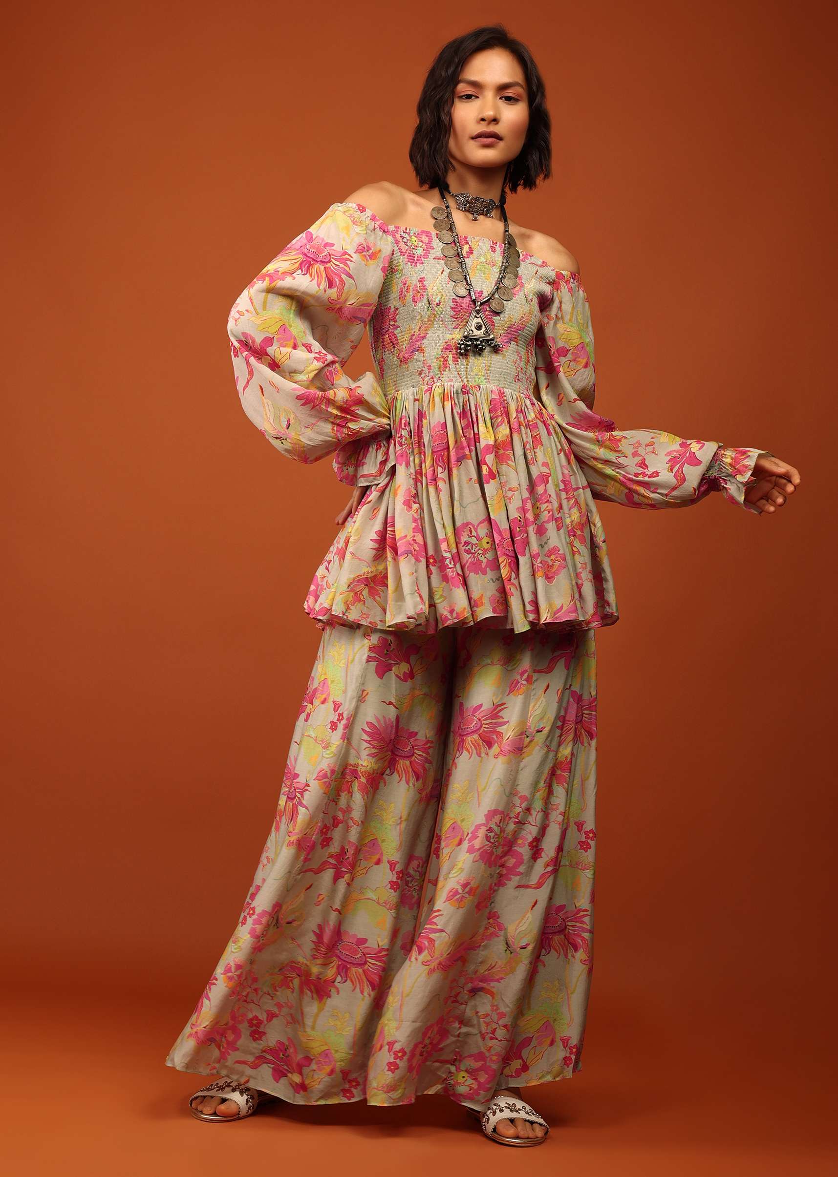 Moss Green Print Top And Palazzo In Crepe With Off-shoulder Neckline & Smocking Bodice - Image 3