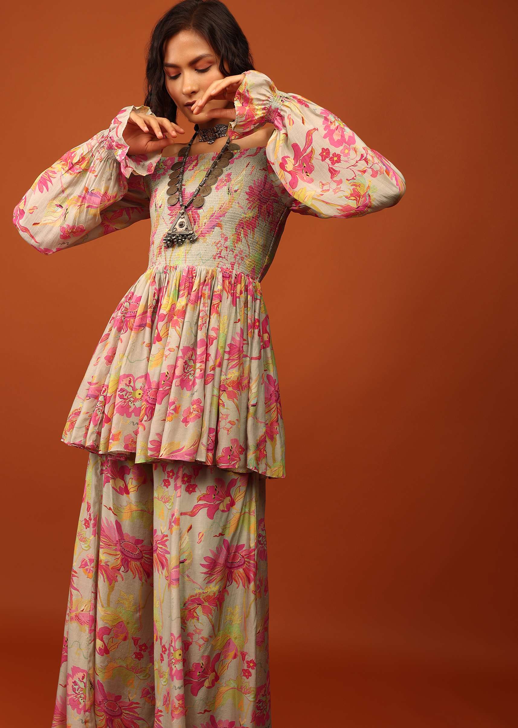 Moss Green Print Top And Palazzo In Crepe With Off-shoulder Neckline & Smocking Bodice - Image 4
