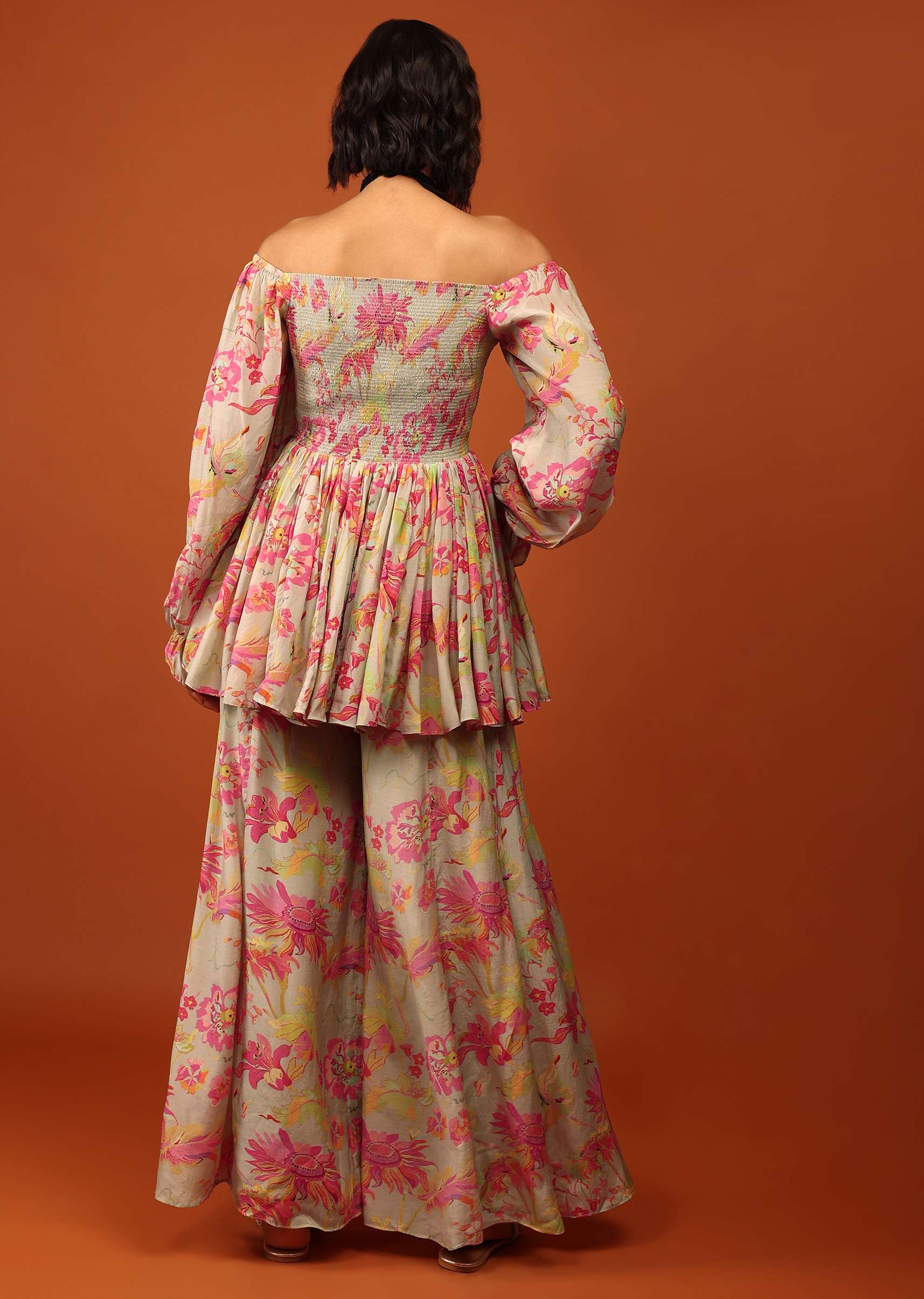 Moss Green Print Top And Palazzo In Crepe With Off-shoulder Neckline & Smocking Bodice - Image 5