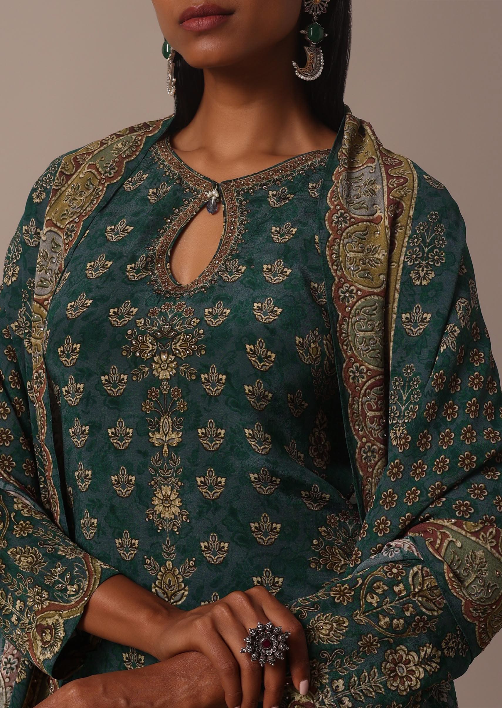Green Printed Crepe With Stone Work Kurta Palazzo Set - Image 2