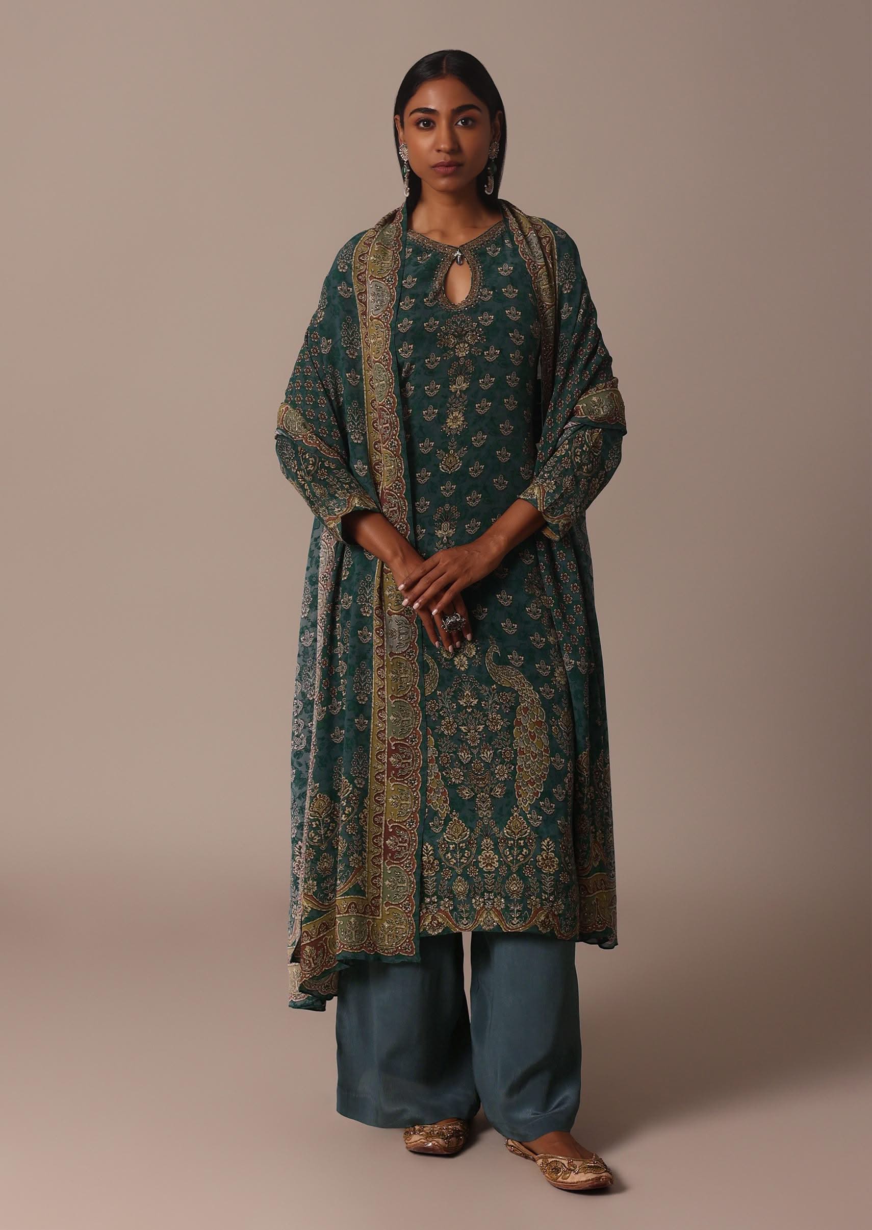 Green Printed Crepe With Stone Work Kurta Palazzo Set - Image 3