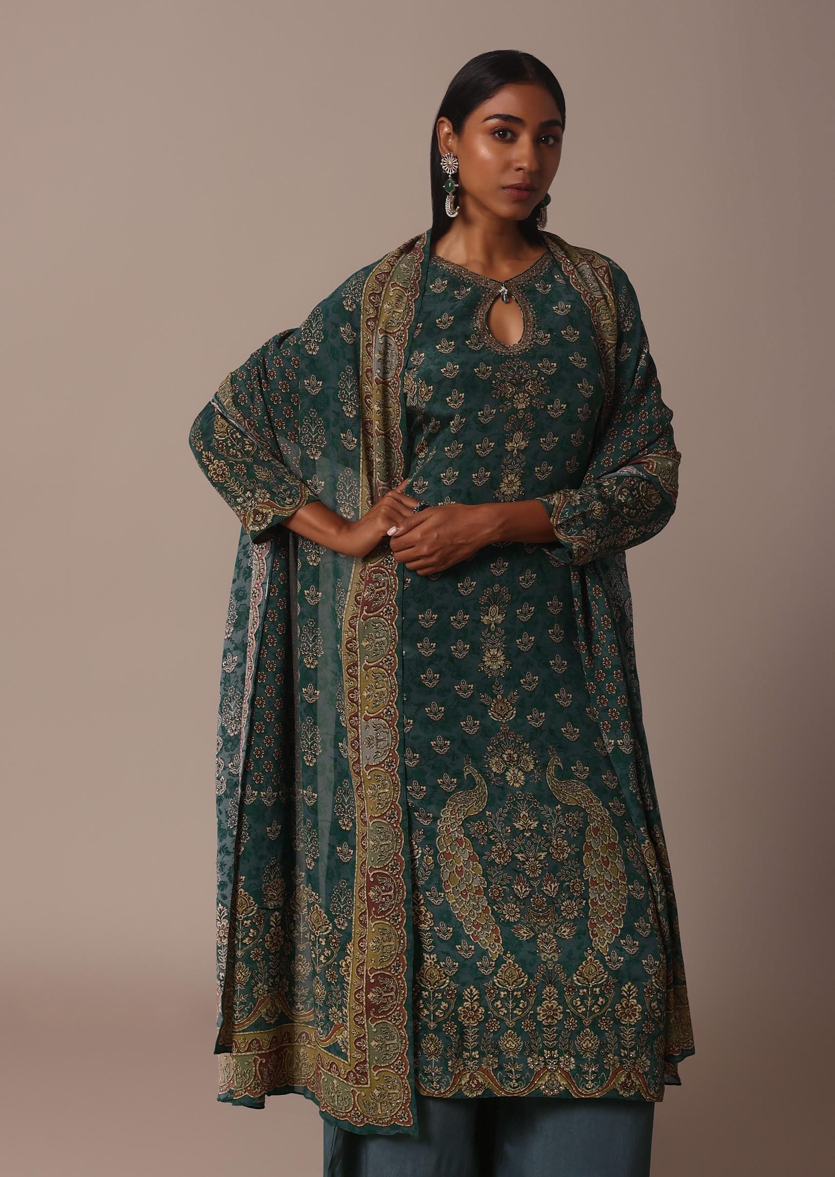 Green Printed Crepe With Stone Work Kurta Palazzo Set - Image 4