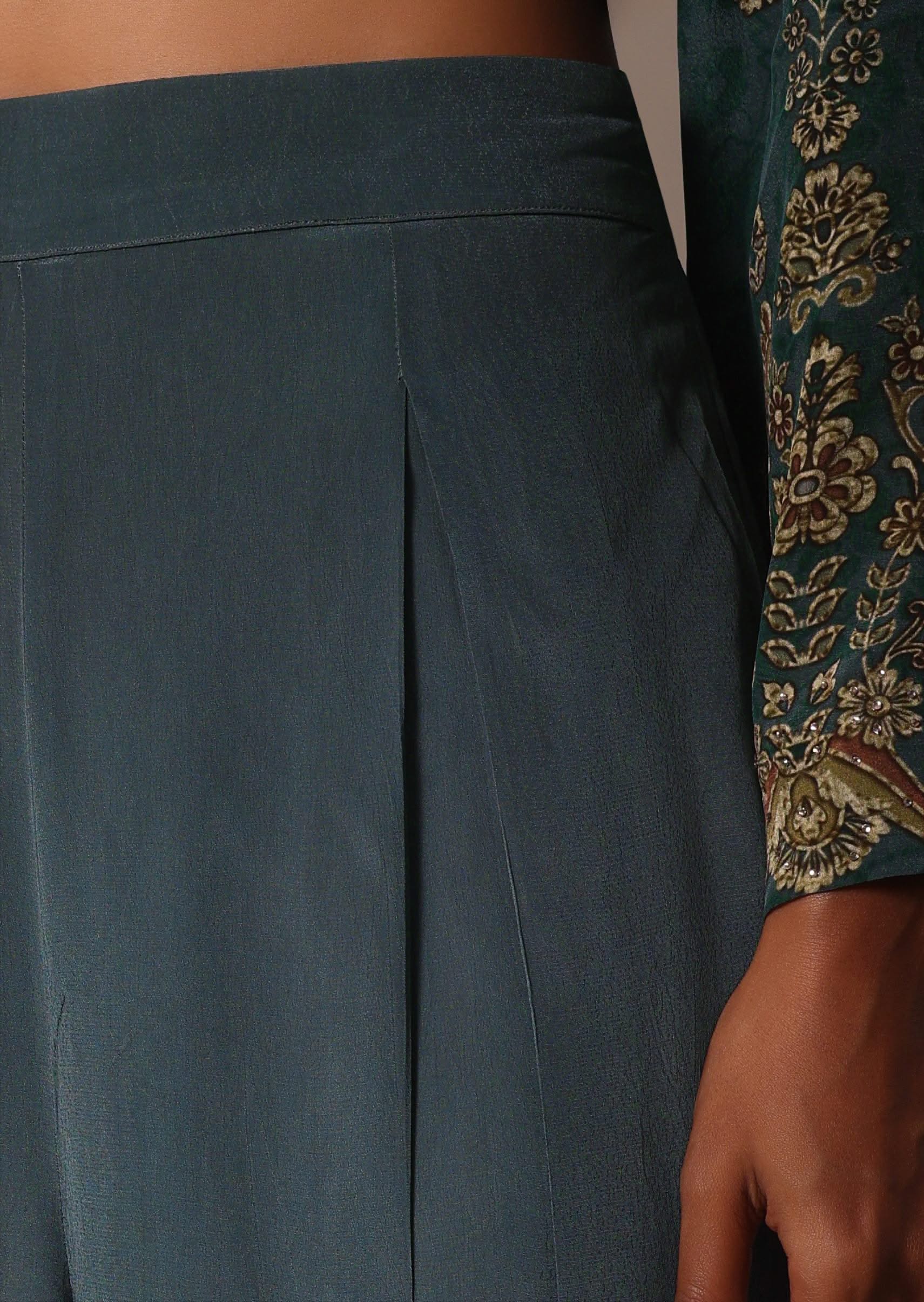 Green Printed Crepe With Stone Work Kurta Palazzo Set - Image 6