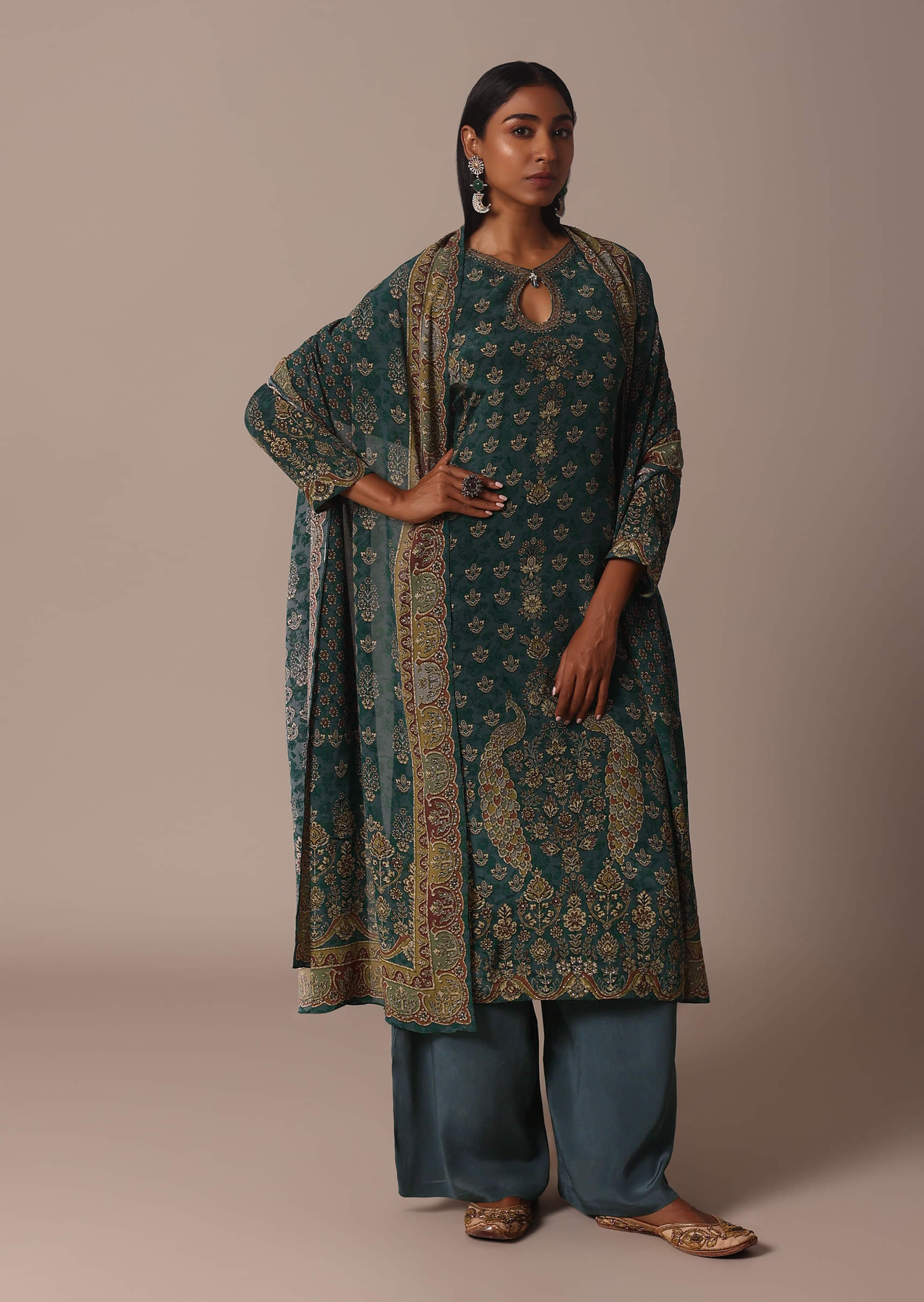 Green Printed Crepe With Stone Work Kurta Palazzo Set - Image 7