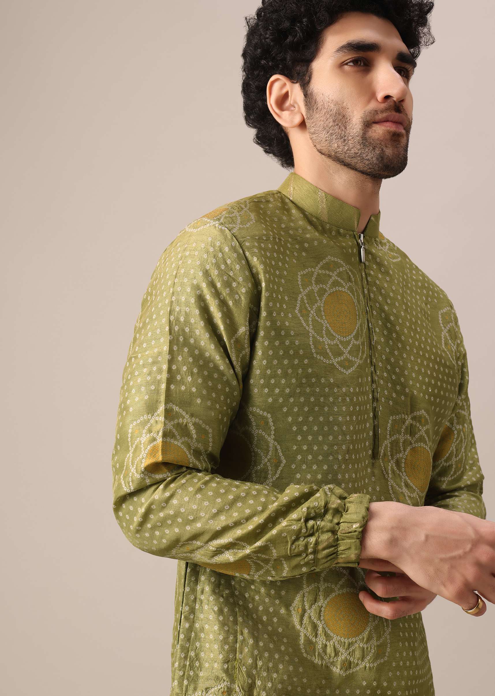 Green Printed Kurta Set In Brocade - Image 3