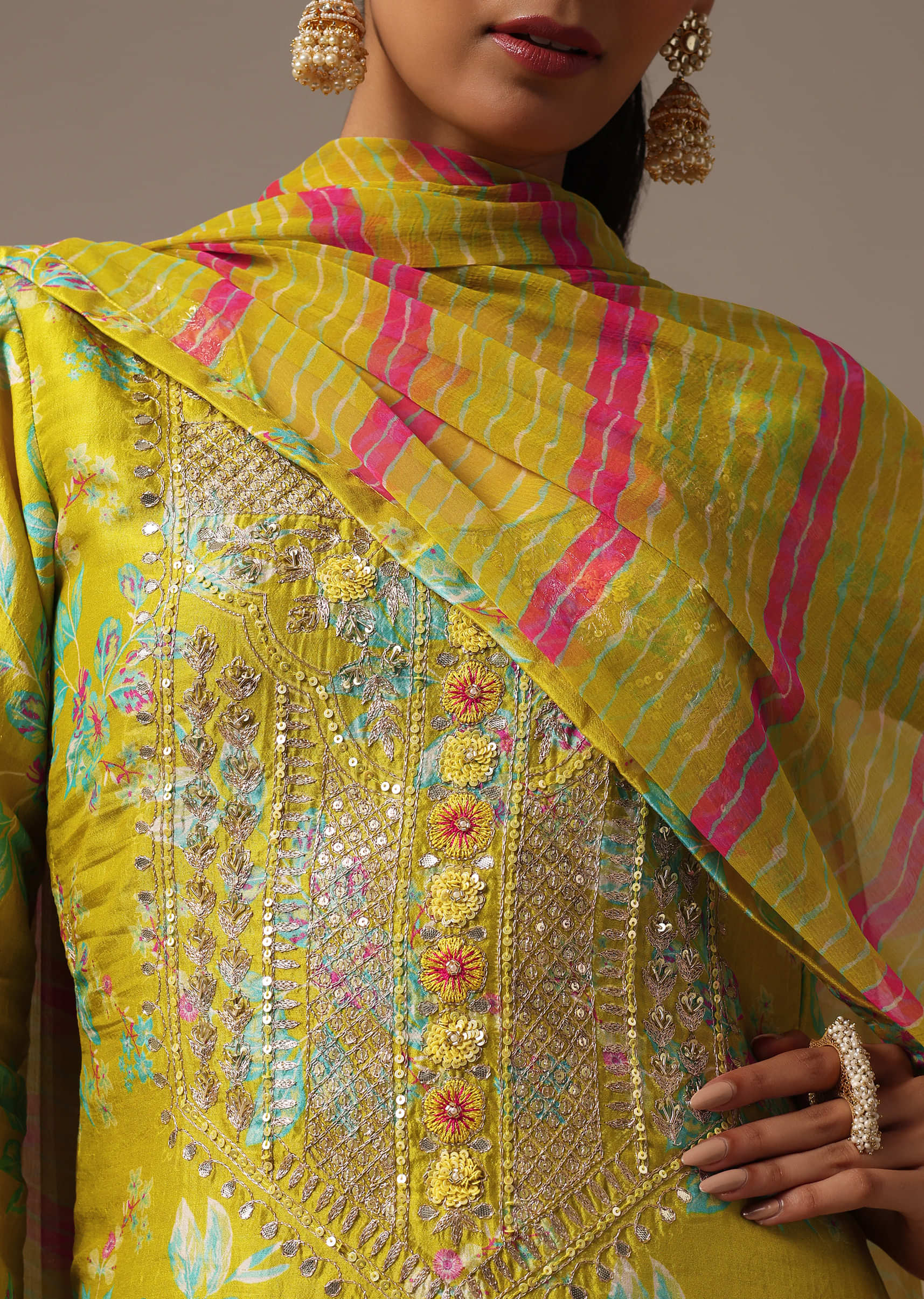 Green Printed Kurta Sharara Set In Gotta Work - Image 4