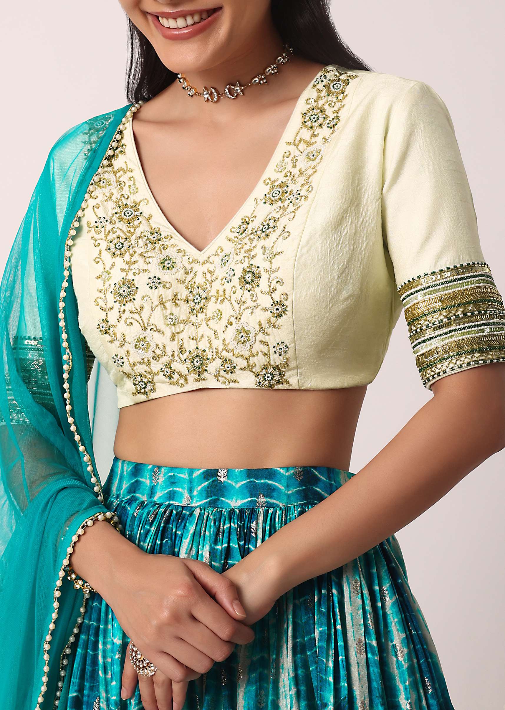 Green Printed Lehenga Set With Cutdana Work - Image 4