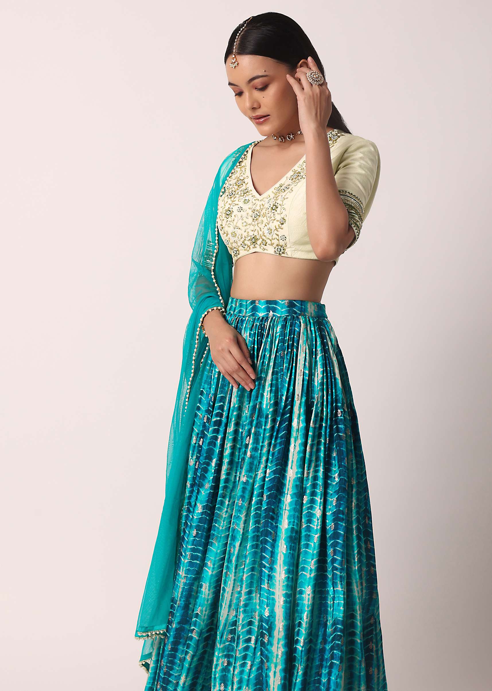 Green Printed Lehenga Set With Cutdana Work - Image 5