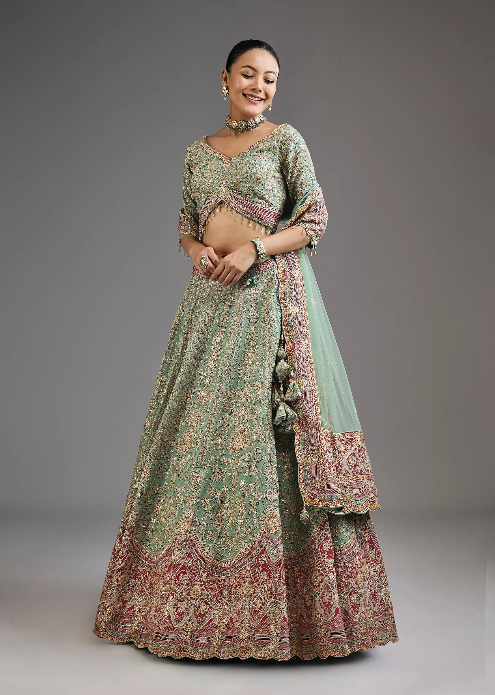 Green Printed Lehenga With Mirror Shine And Zari Detail