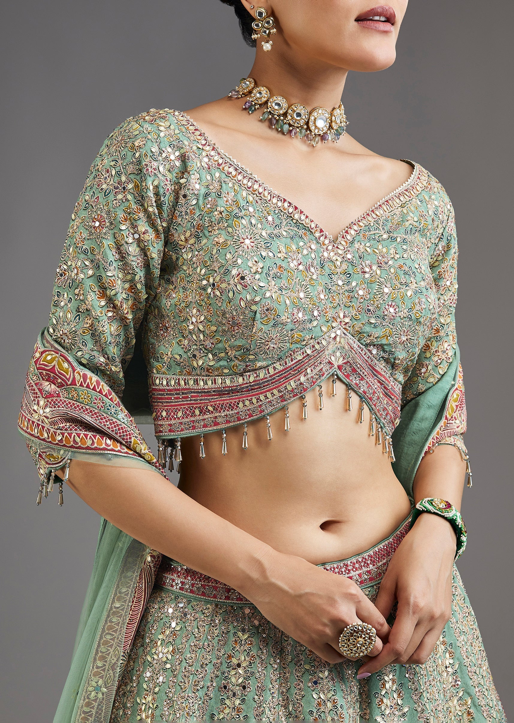Green Printed Lehenga With Mirror Shine And Zari Detail - Image 3