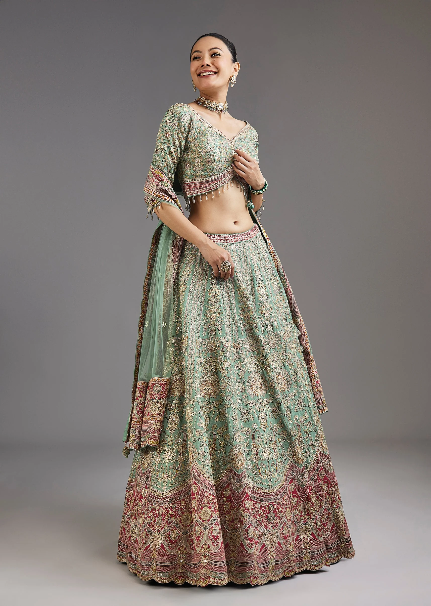 Green Printed Lehenga With Mirror Shine And Zari Detail - Image 4