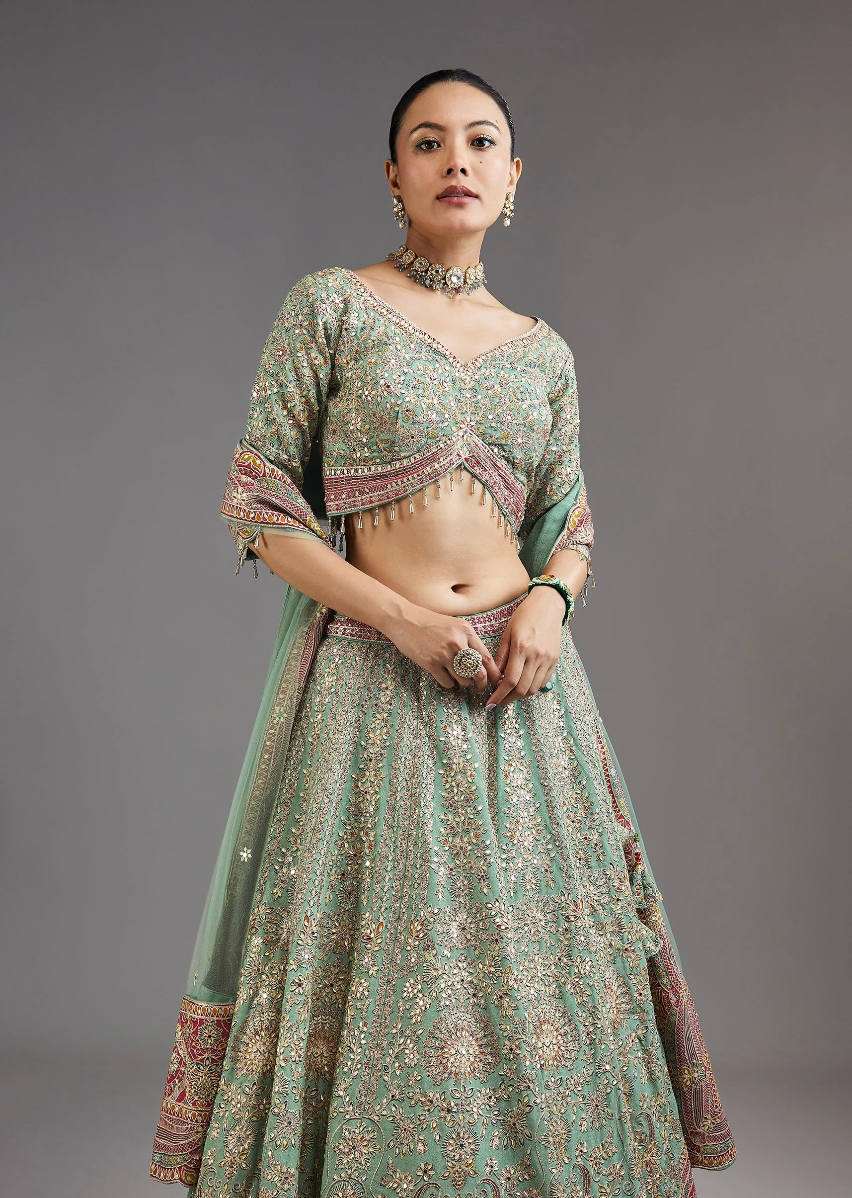 Green Printed Lehenga With Mirror Shine And Zari Detail - Image 5