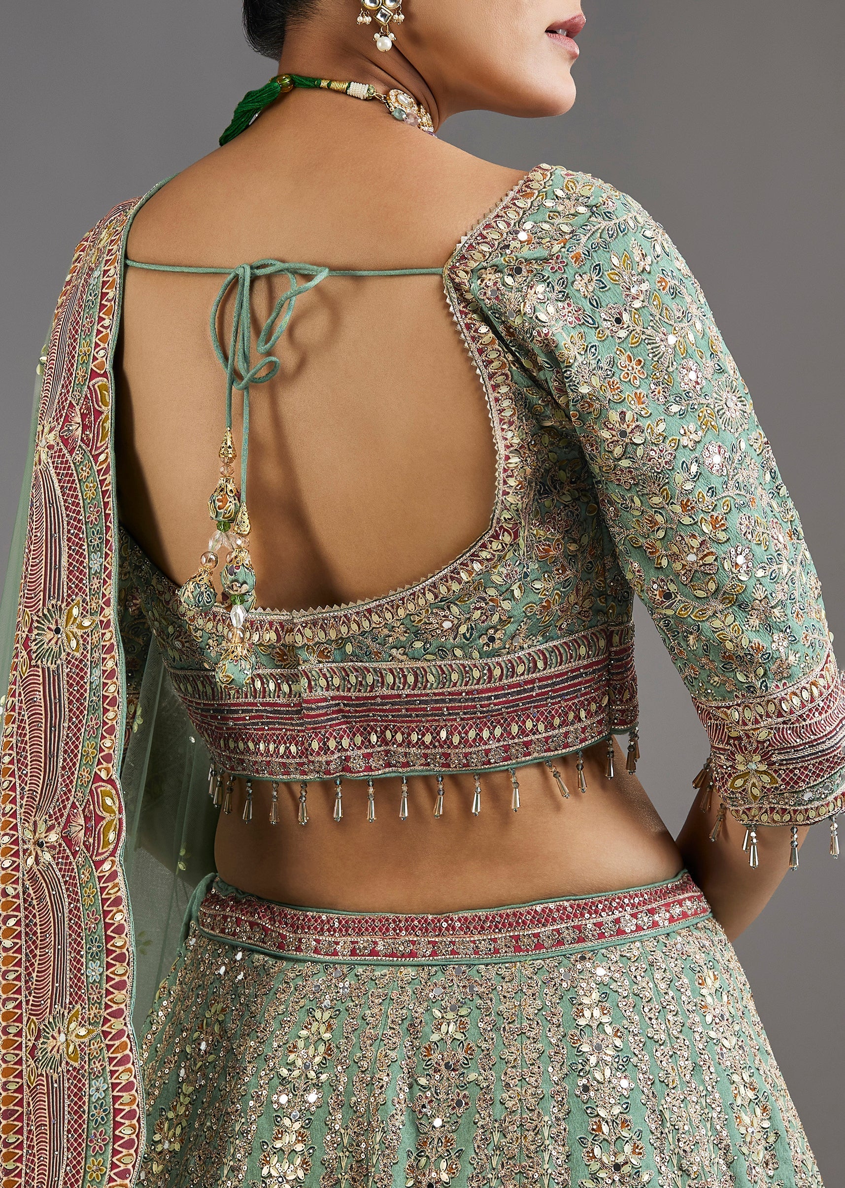 Green Printed Lehenga With Mirror Shine And Zari Detail - Image 6