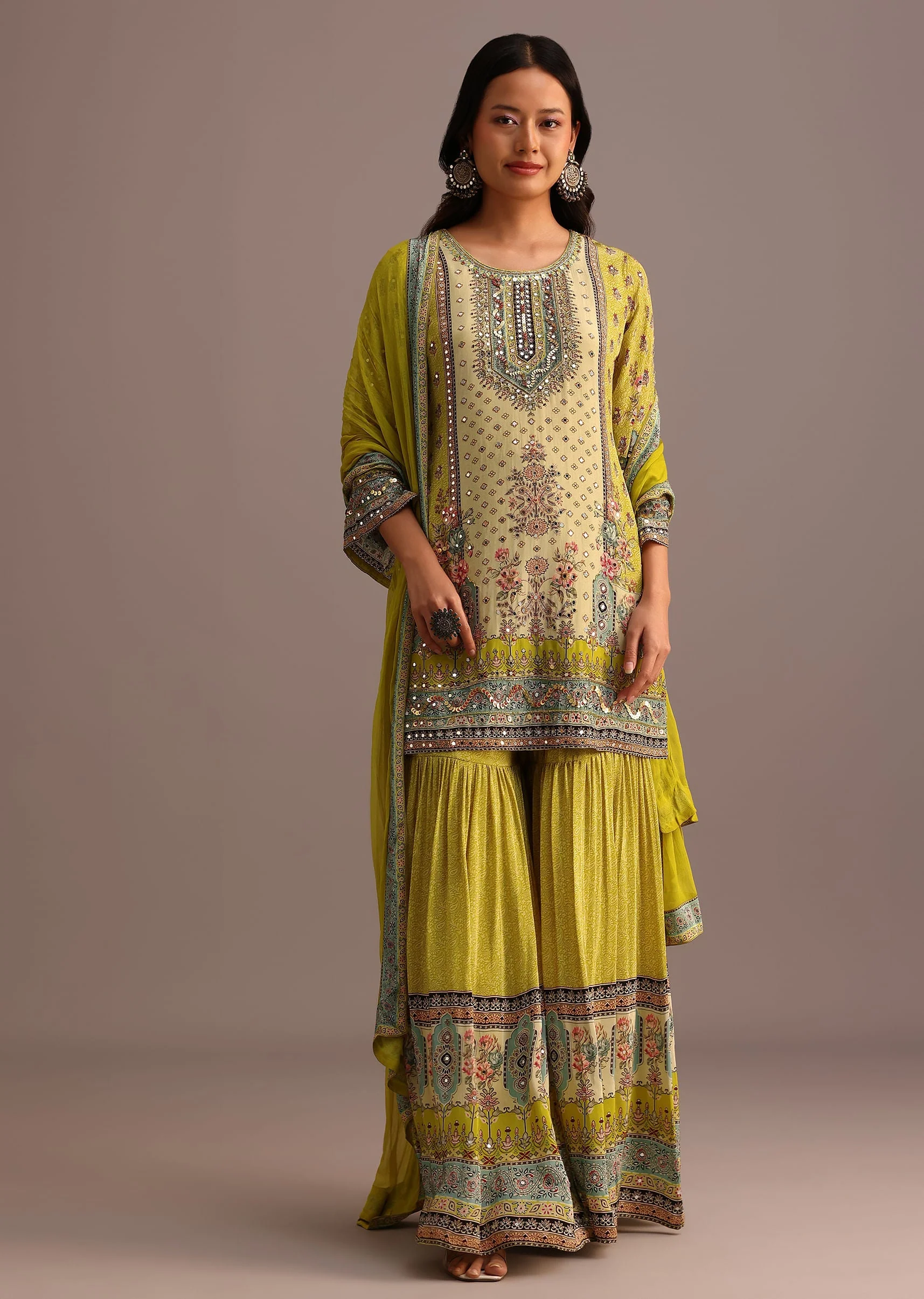 Green Printed Sharara Set With Chiffon Dupatta - Image 3