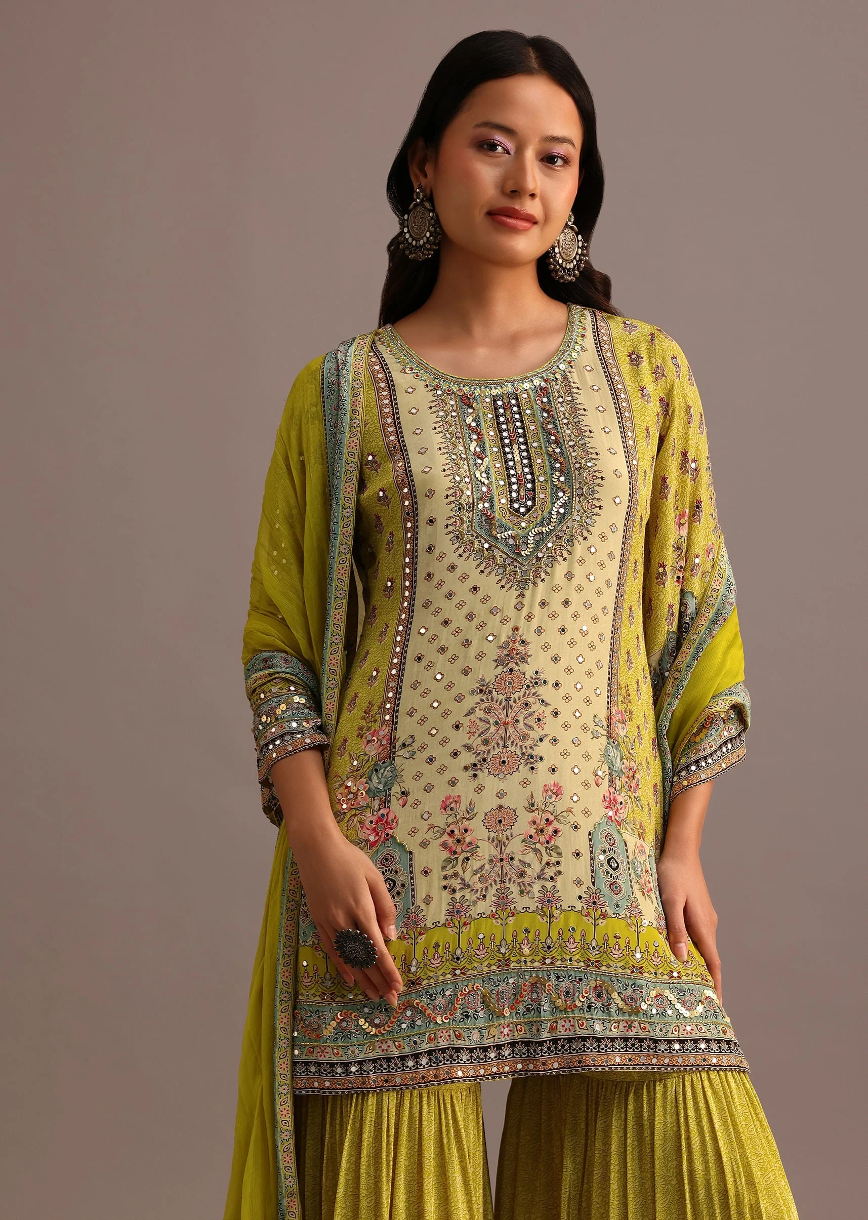 Green Printed Sharara Set With Chiffon Dupatta - Image 4