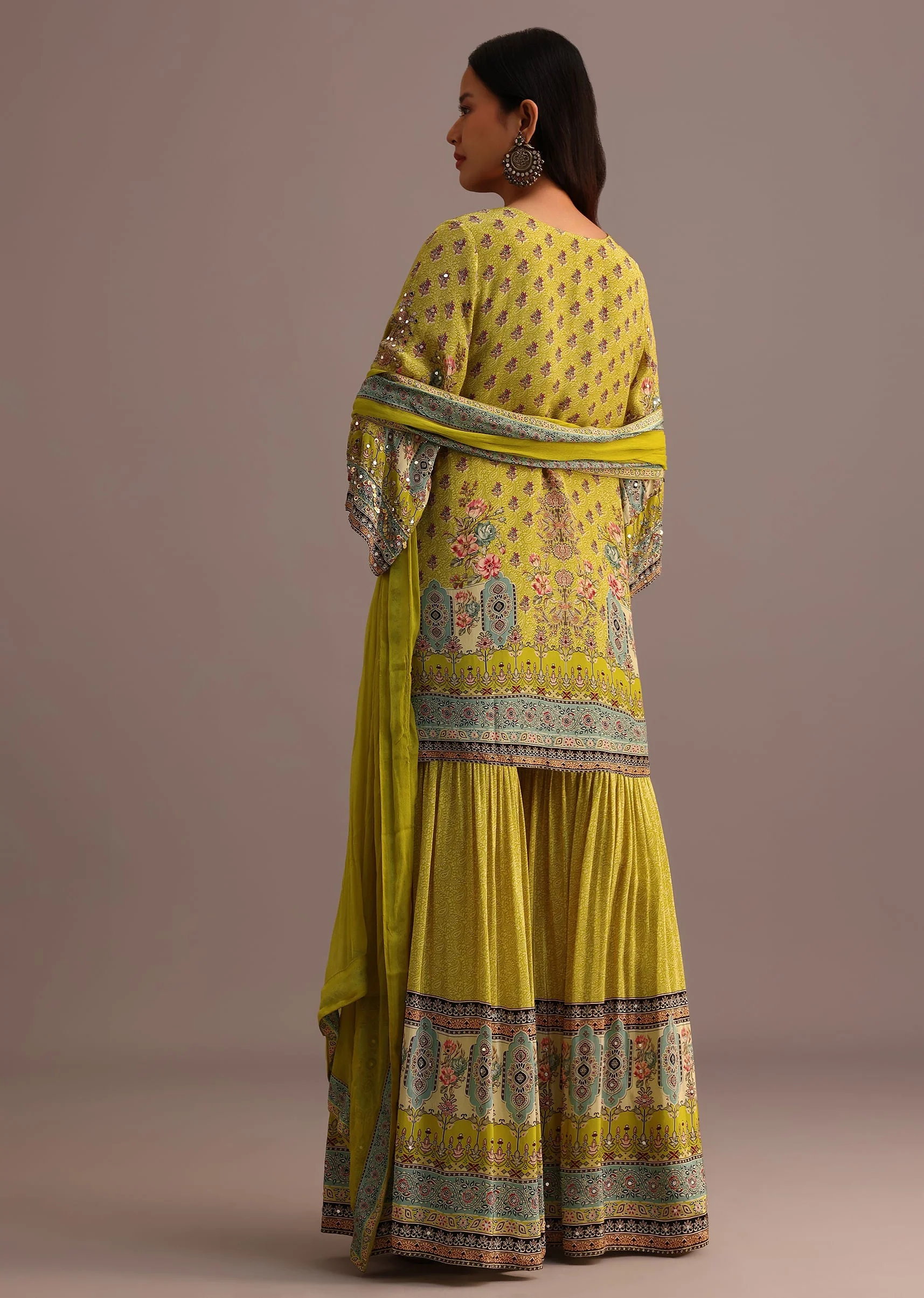 Green Printed Sharara Set With Chiffon Dupatta - Image 5